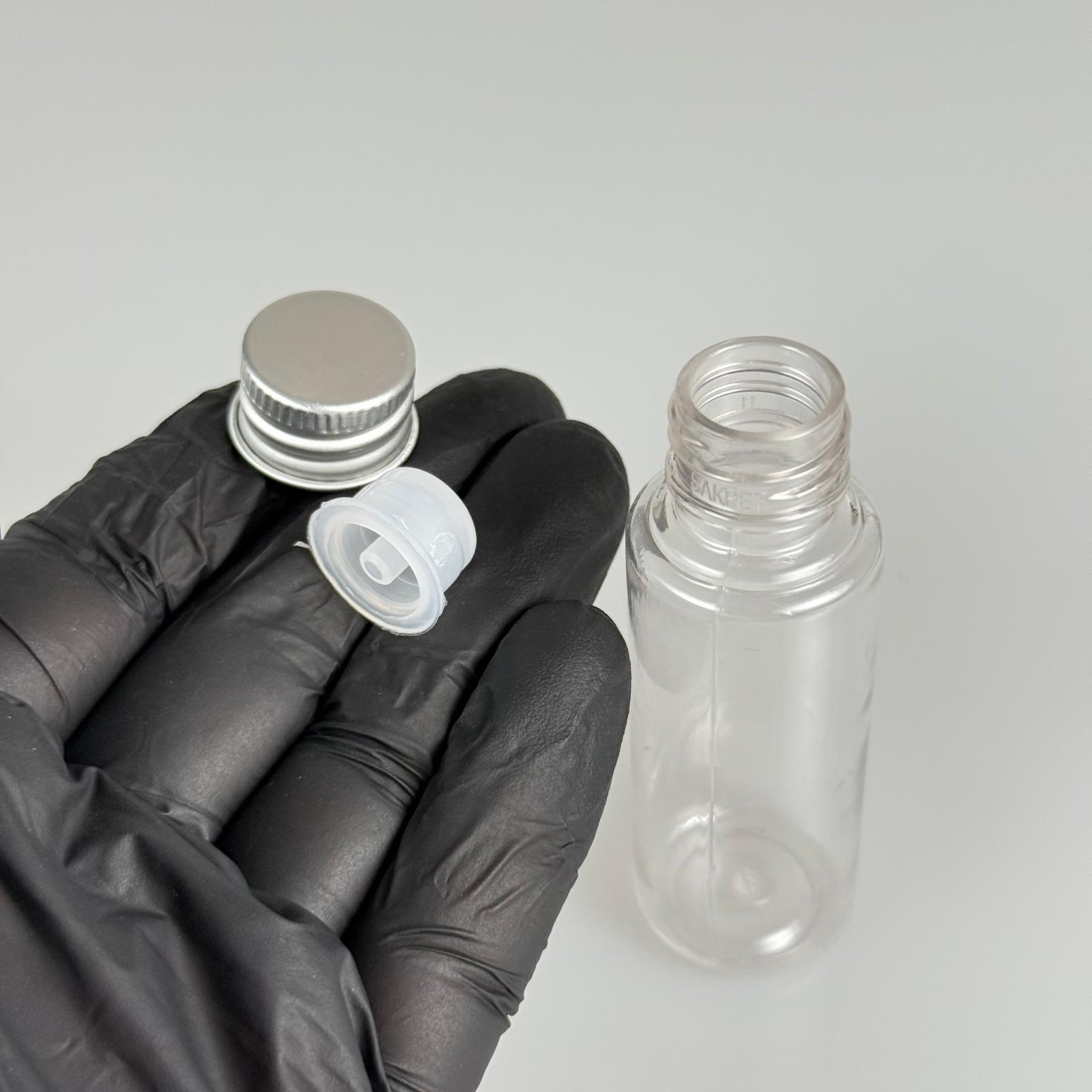 30 CC ŞEFFAF PET SHOT ŞİŞE - KÖPÜK CONTALI GÜMÜŞ ALÜMİNYUM METAL KAPAKLI DAMLALIKLI KOLONYA TIPALI TAKIM - 30 ML PLASTİK ŞİŞE