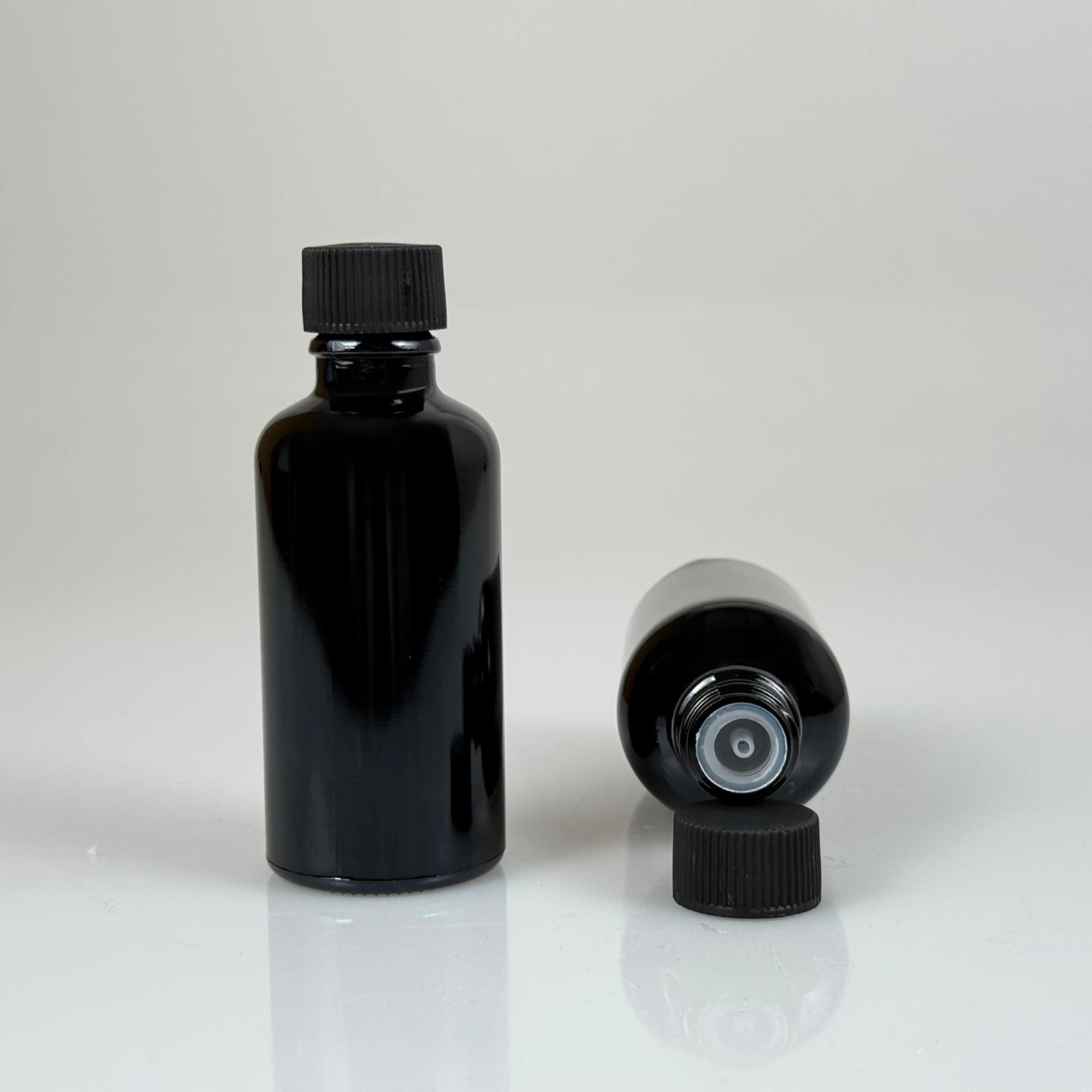 50 CC SİYAH İÇTEN DAMLALIKLI - SİYAH PLASTİK KAPAKLI CAM ŞİŞE - 50 ML KOLONYA TIPALI CAM ŞİŞE