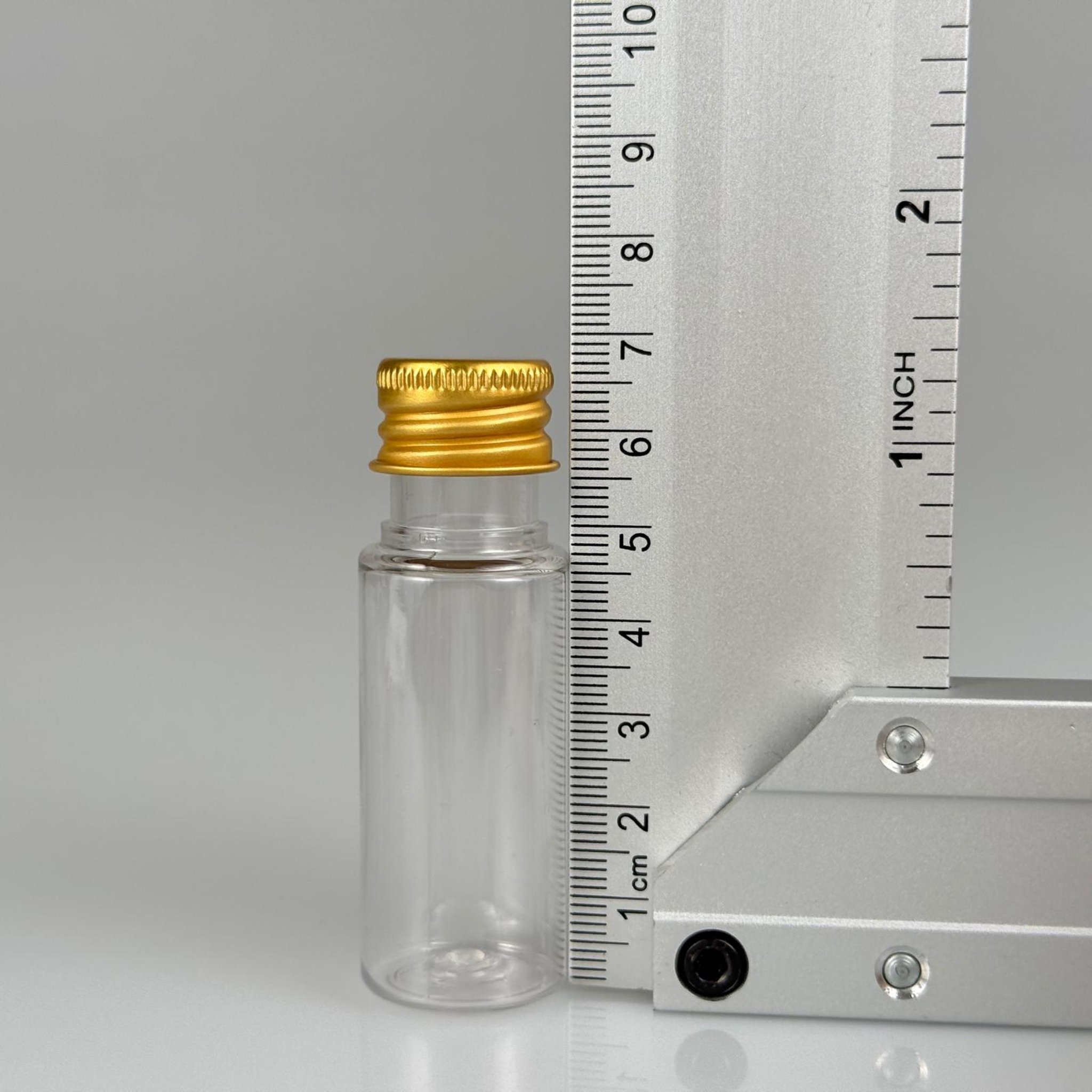 15 CC SİLİNDİR PET ŞİŞE + KÖPÜK CONTALI GOLD ALÜMİNYUM METAL KAPAKLI + KÖR TIPALI TAKIML - 15 ML ŞEFFAF PET ŞİŞE