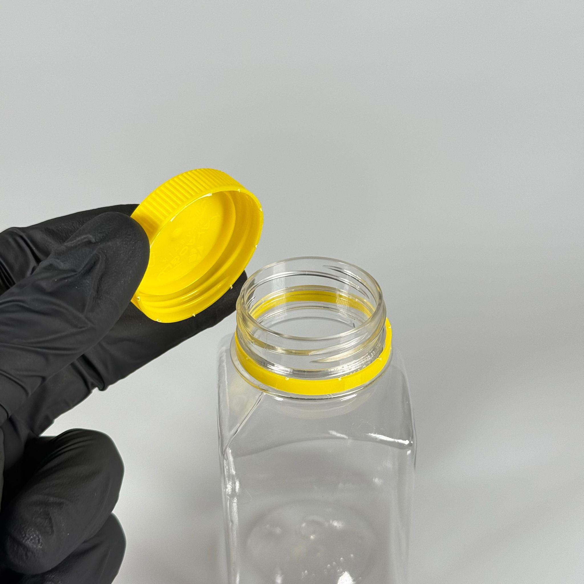 150 CC KÖŞELİ KARE PET ŞİŞE (15,6 GR) - 38 MM GENİŞ AĞIZLI KİLİTLİ SARI - 150 ML DETOX, MEYVE SUYU, SMOOTHIE, AYRAN, SÜT, MEŞRUBAT VB İÇİN BOŞ PLASTİK ŞİŞELER