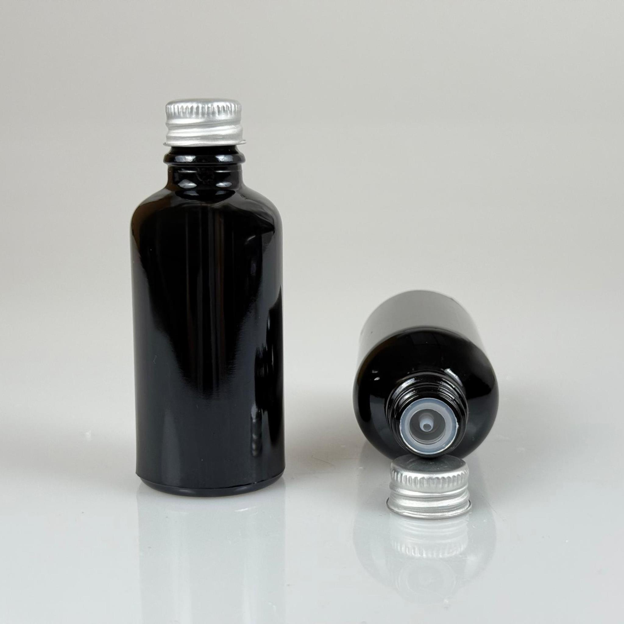 50 CC SİYAH İÇTEN DAMLALIKLI - GÜMÜŞ METAL KAPAKLI CAM ŞİŞE - 50 ML KOLONYA TIPALI CAM ŞİŞE