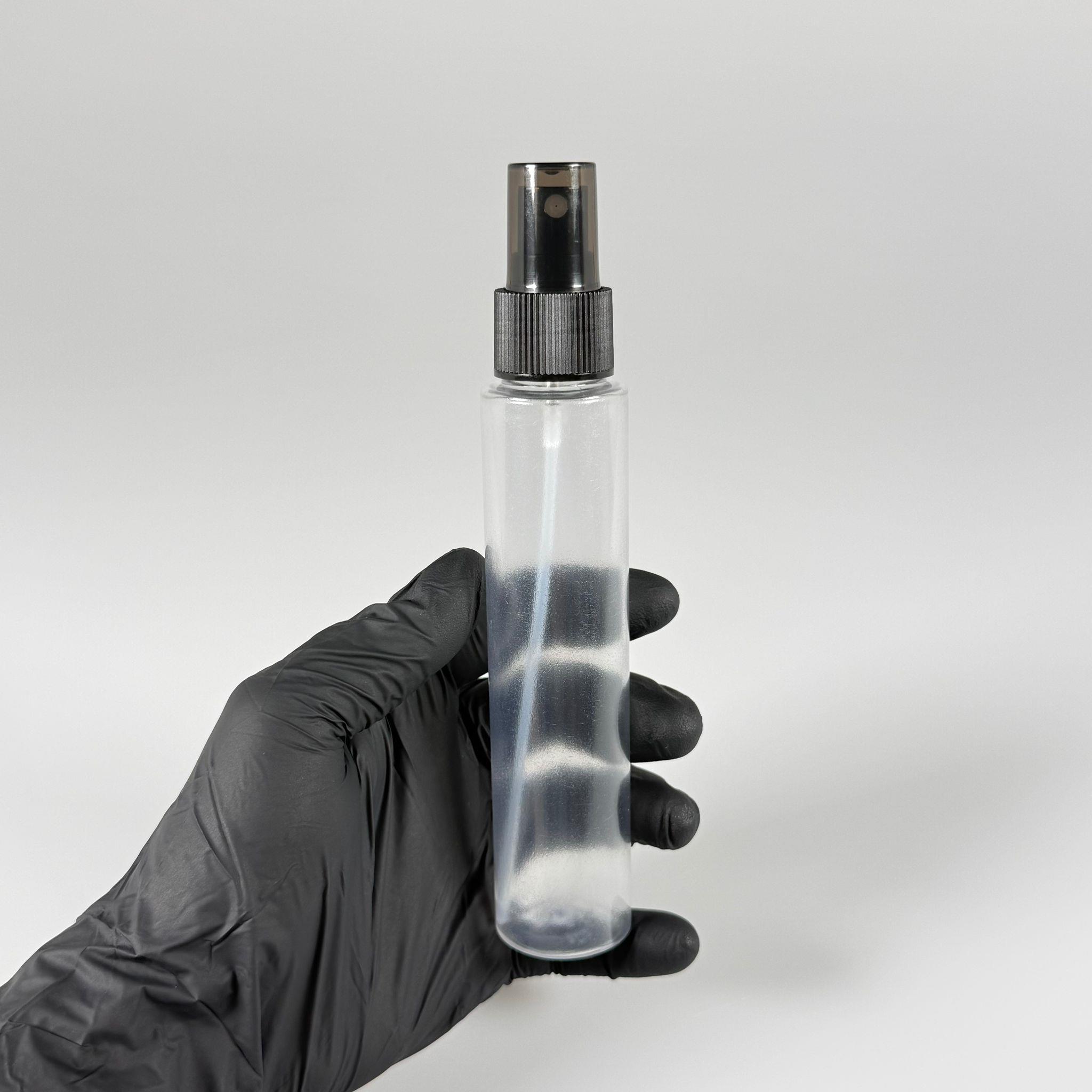100 CC UZUN SİLİNDİR BUĞULU PET ŞİŞE (24 GR)  - SİYAH SPREYLİ - 100 ML BİBERİYE SUYU, LAVANTA YAĞI, SAÇ SERUM, TONİK VB İÇİN PLASTİK KOZMETİK AMBALAJLARI