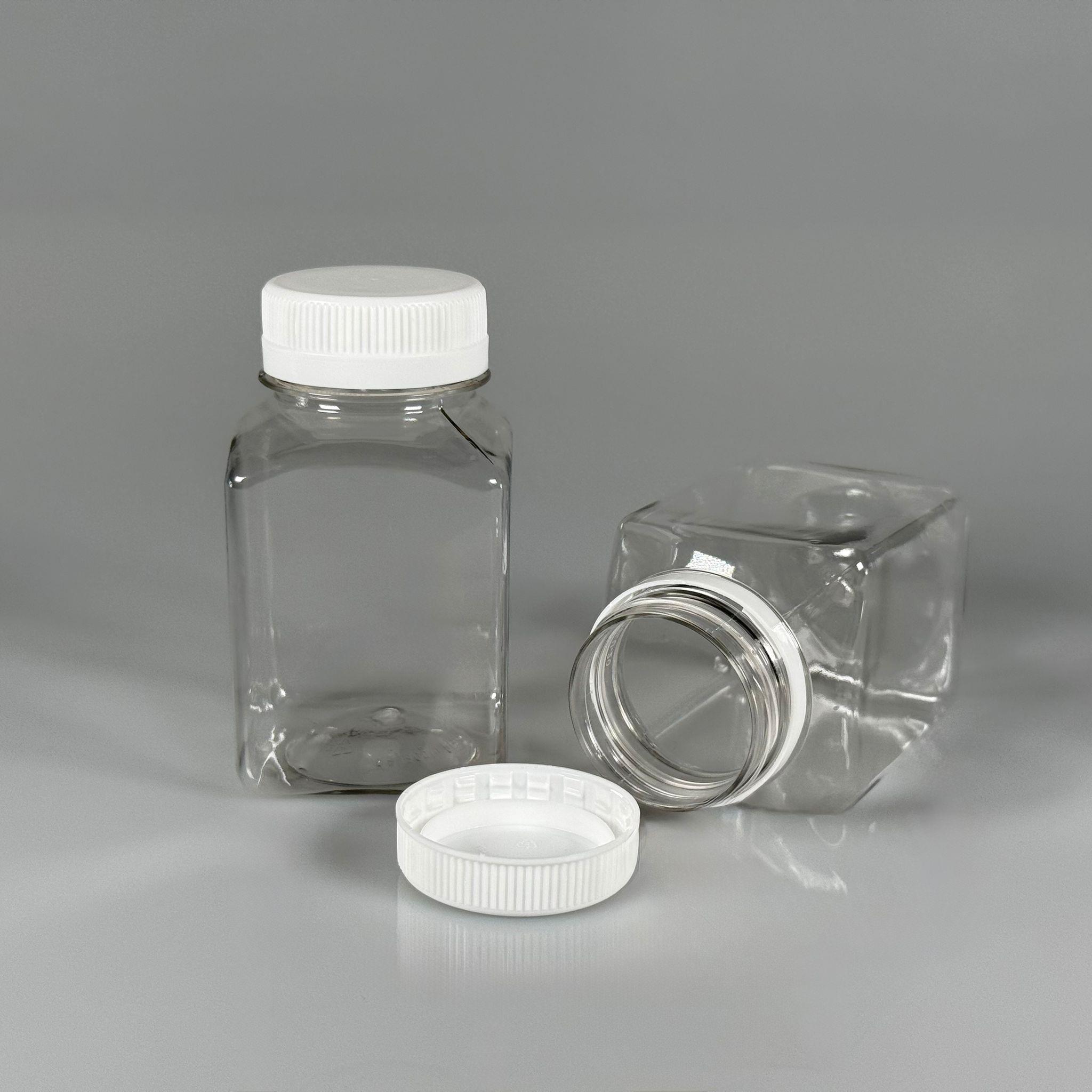 150 CC KÖŞELİ KARE PET ŞİŞE (15,6 GR) - 38 MM GENİŞ AĞIZLI KİLİTLİ BEYAZ - 150 ML DETOX, MEYVE SUYU, SMOOTHIE, AYRAN, SÜT, MEŞRUBAT VB İÇİN BOŞ PLASTİK ŞİŞELER