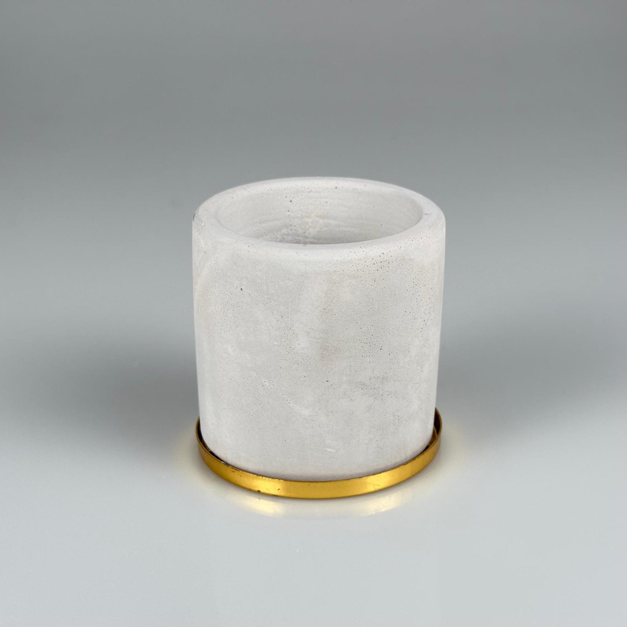 BETON MUMLUK - 100 CC - TAŞ BETONDAN MUM BARDAK - DEKORATİF MUM BARDAĞI, MİNİ SAKSI + DELİKLİ GOLD METAL KAPAK OVAL DESENLİ