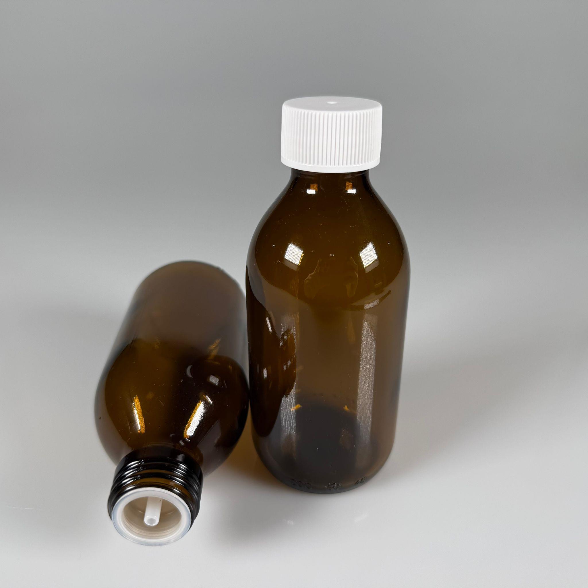 200 ML DOLUMU KOLAY, GENİŞ AĞIZLI İÇTEN DAMLALIKLI ŞİŞE (28 MM AĞIZ)  - 200 CC BEYAZ CONTALI KAPAKLI İÇTEN DAMLALIKLI CAM ECZA ŞİŞESİ - AMBER KAHVERENGİ