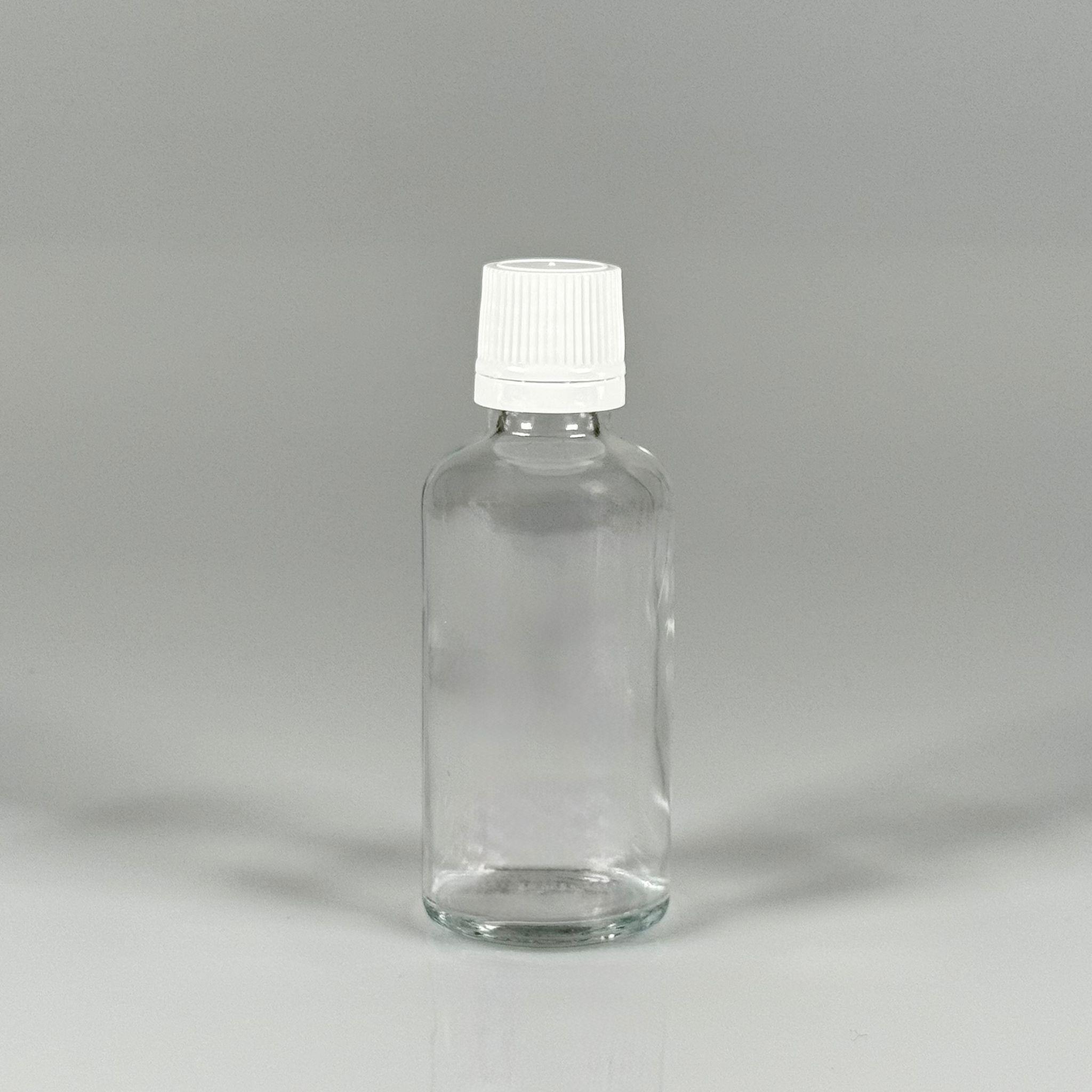 50 CC CAM ŞEFFAF KİLİTLİ, KENDİNDEN CONTALI BEYAZ KAPAKLI - 50 ML DAR AĞIZLI İLAÇ ŞİŞESİ