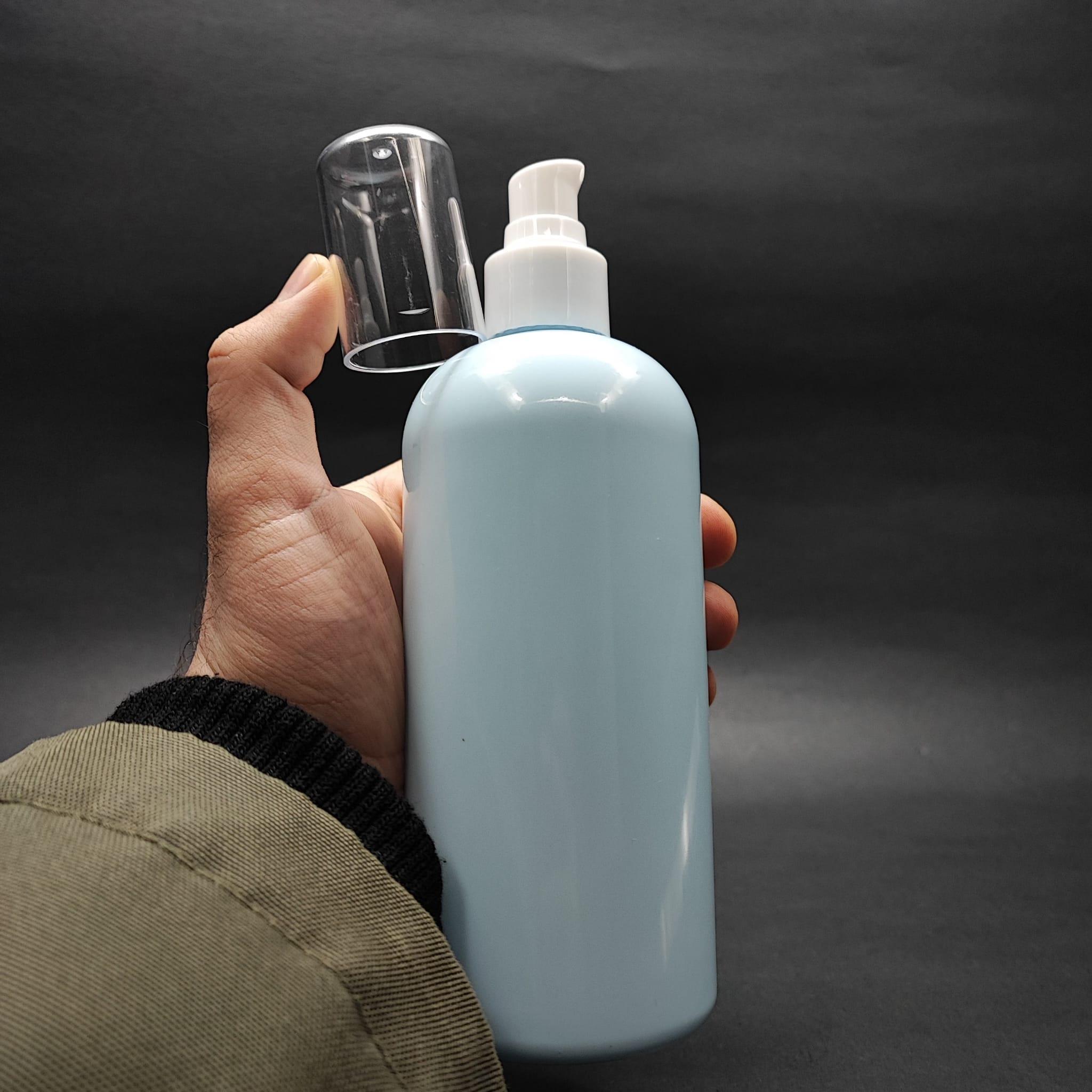 400 CC OVAL BOYUNLU SİLİNDİR PET ŞİŞE (30 GR) - BEYAZ LOSYON POMPALI - 400 ML PLASTİK ŞİŞE - BEBEK MAVİSİ
