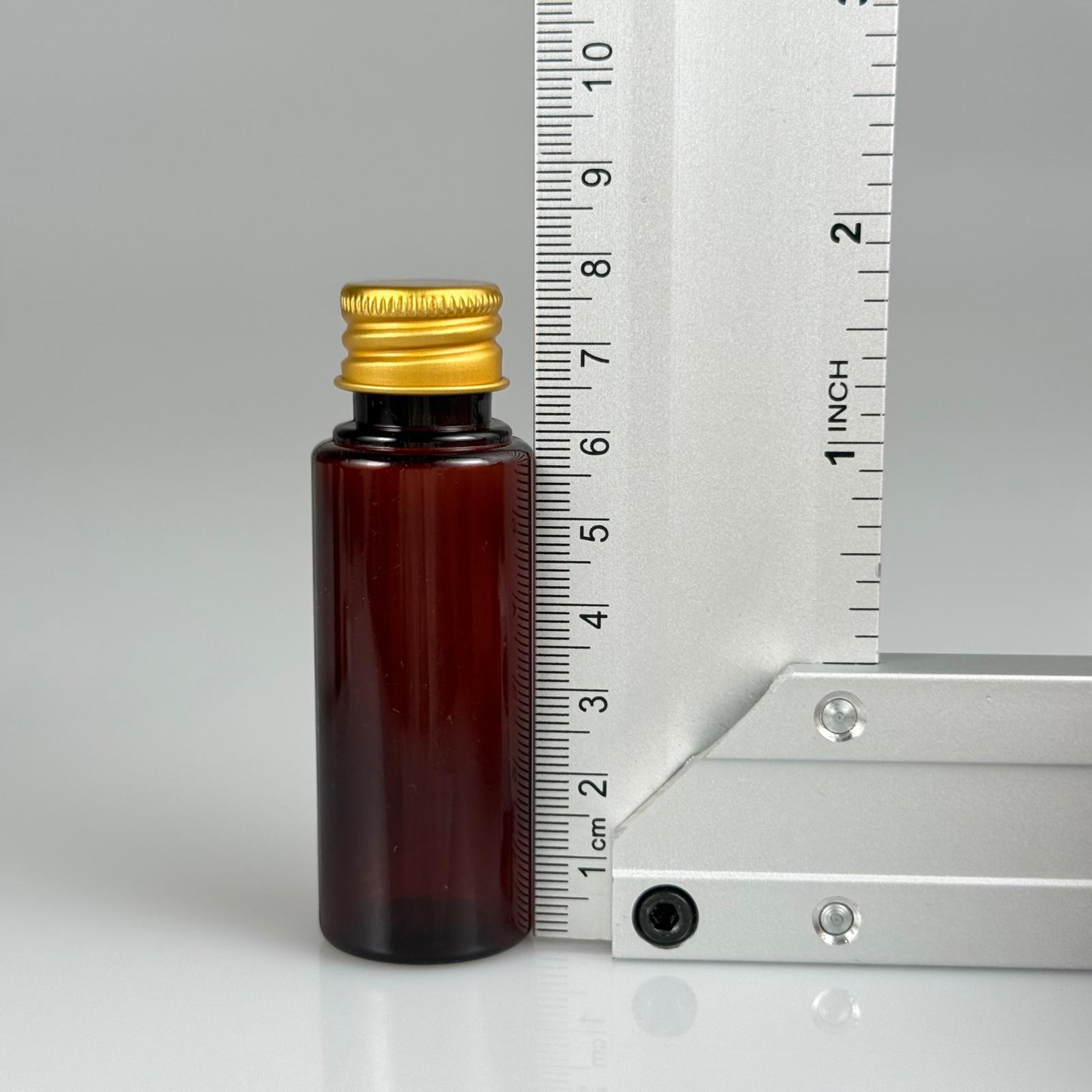 30 CC PET AMBER SHOT ŞİŞE - KÖPÜK CONTALI GOLD ALÜMİNYUM METAL KAPAKLI TAKIM - 30 ML KAHVERENGİ PLASTİK ŞİŞE