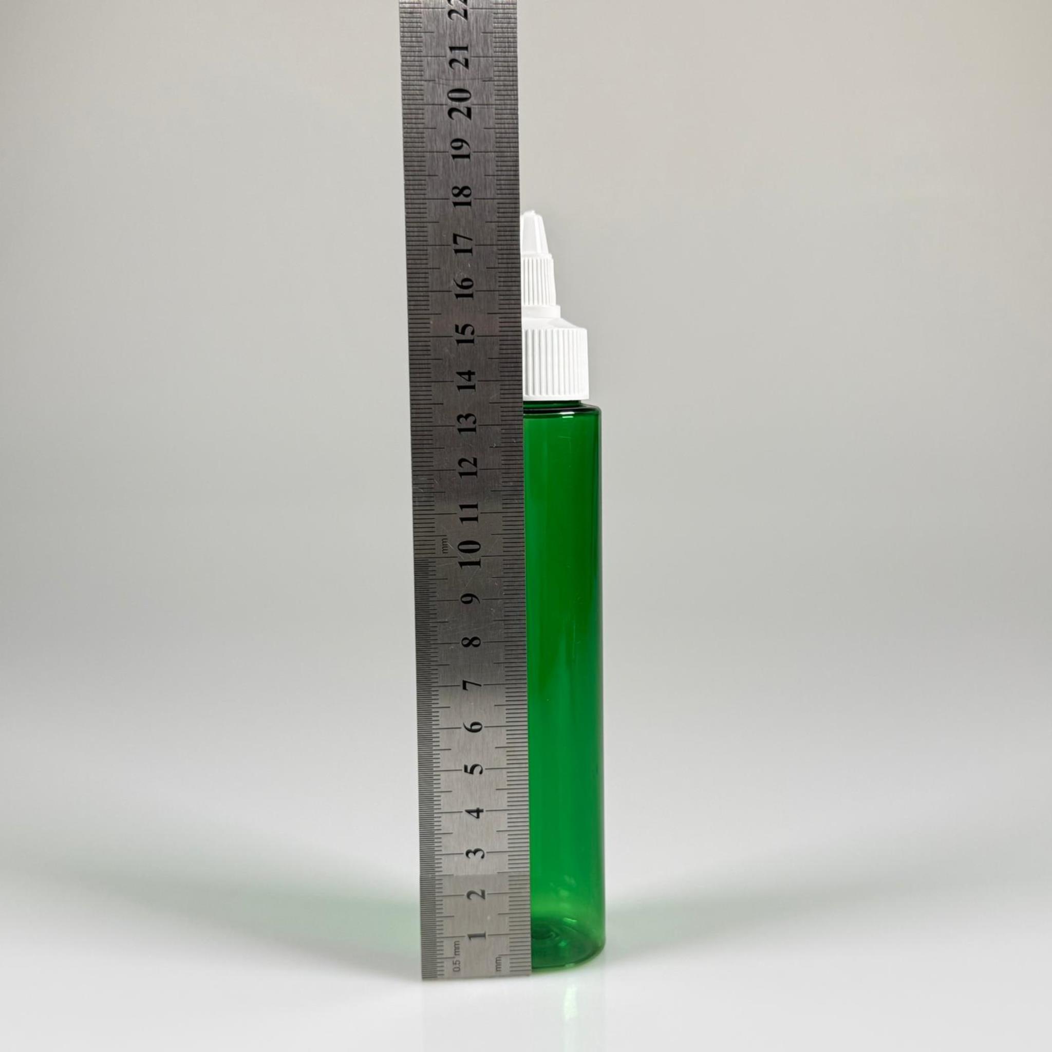 100 CC UZUN SİLİNDİR YEŞİL PET ŞİŞE (24 GR) - BEYAZ TWİST SİVRİ ASANSÖR AKITICI KAPAKLI - 100 ML BİBERİYE SUYU, LAVANTA YAĞI, SAÇ SERUM, TONİK VB İÇİN PLASTİK KOZMETİK AMBALAJLARI