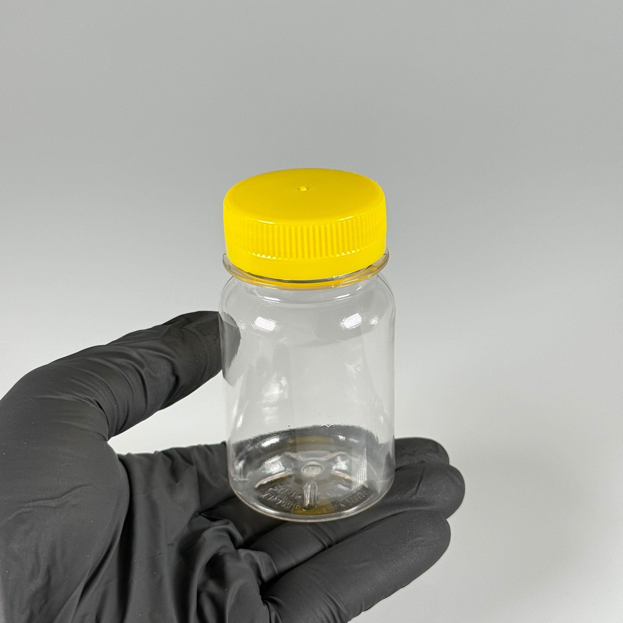 100 CC SİLİNDİR PET ŞİŞE (15,6 GR) - 38 MM GENİŞ AĞIZLI KİLİTLİ SARI KAPAKLI  - 100 ML PLASTİK BOŞ ŞİŞELER