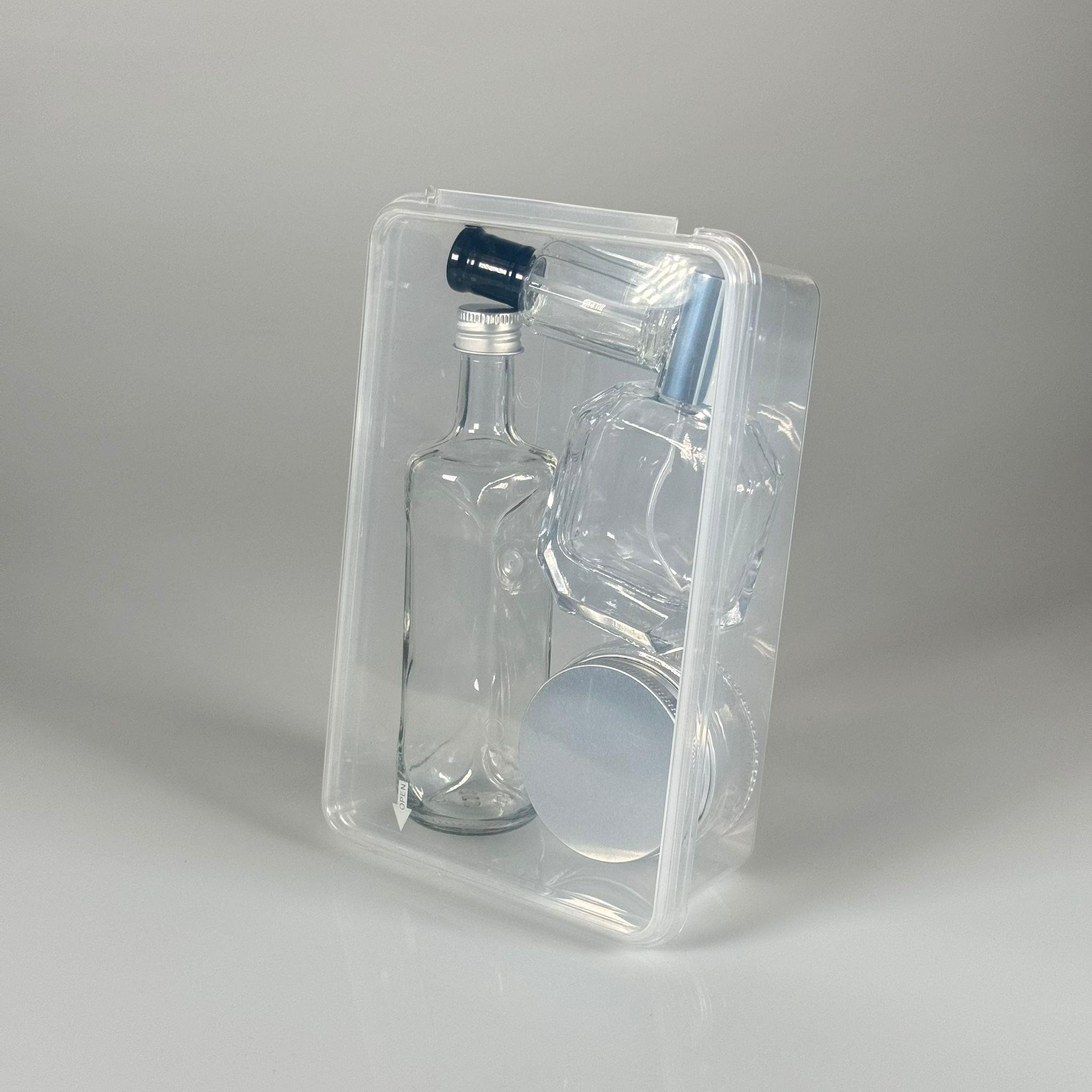 HAC, UMRE İÇİN AMBALAJ SETİ STANDART - 50 ML KAPAKLI CAM HURMA KAVANOZU + 100 ML KAPAKLI CAM ZEMZEM ŞİŞESİ + 50 ML SPREYLİ CAM LÜX GÜLSUYU ŞİŞESİ + 12 ML ÇUBUKLU CAM KOKU ŞİŞESİ + PLASTİK SAKLAMA KABI TAKIM