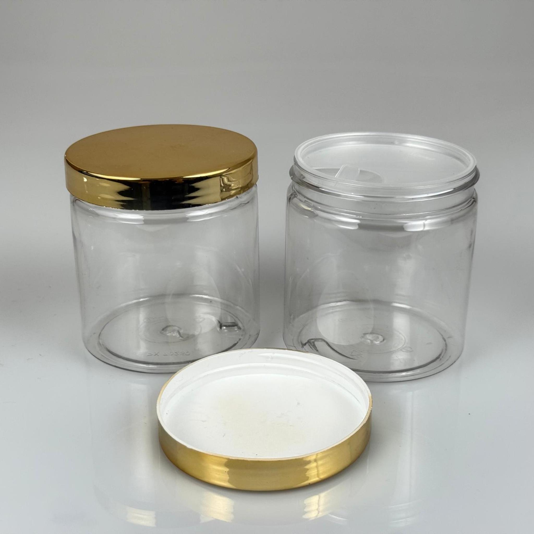 250 ML SERT PET KAVANOZ + GOLD KAPLAMALI PLASTİK KAPAK + İÇ TIPA - 250 CC KALIN ŞEFFAF PLASTİK KAVANOZ GOLD KAPLAMALI PLASTİK KAPAKLI İÇ TIPALI TAKIM - KREM KAVANOZLARI