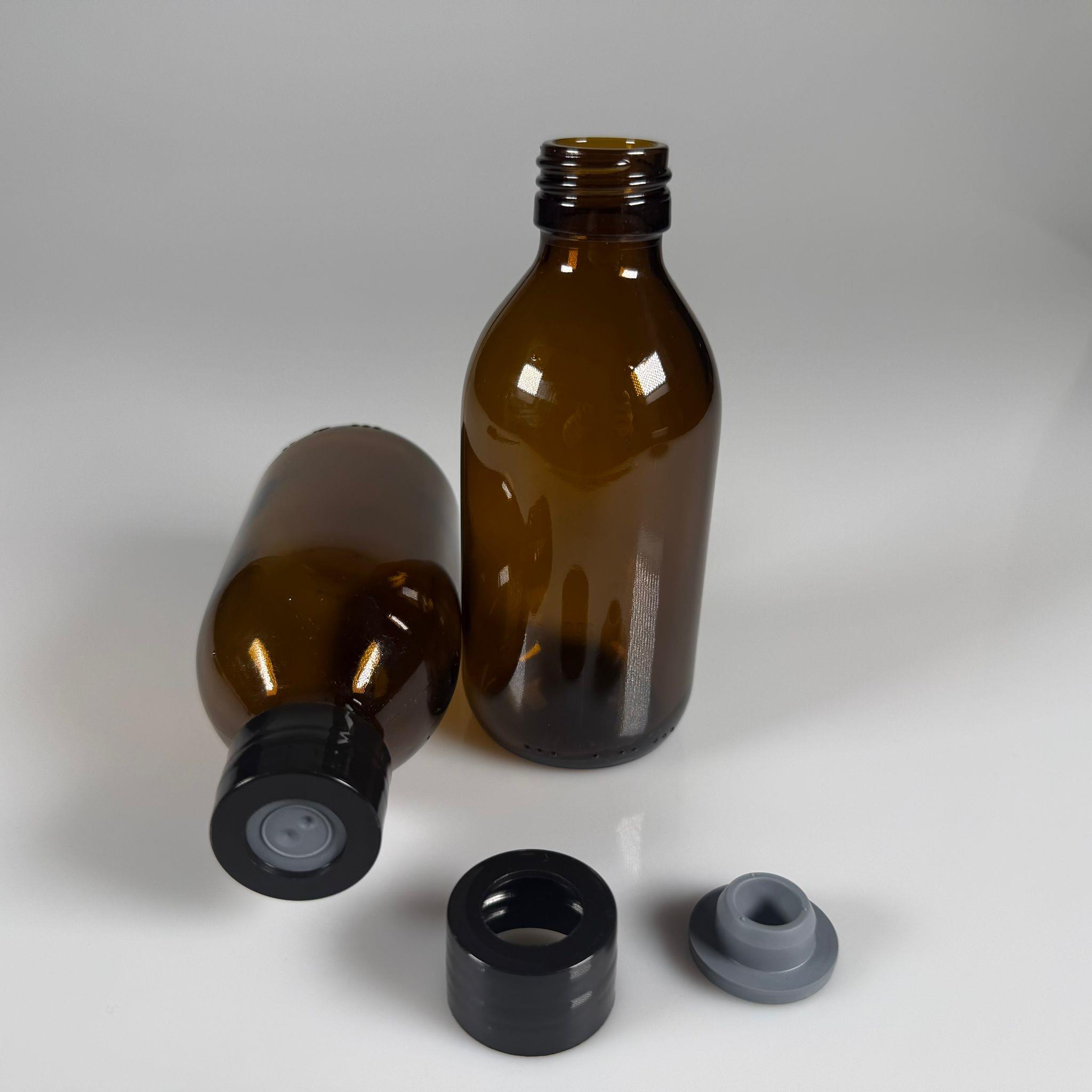 FLAKON ENJEKTÖR SERUM ŞİŞESİ - 200 ML ECZA CAM ŞİŞE + VİDALI DELİKLİ KAPAK (ELLE ÇEVİREREK KAPANIR) + KAUÇUK BUTİL TIPA TAKIM