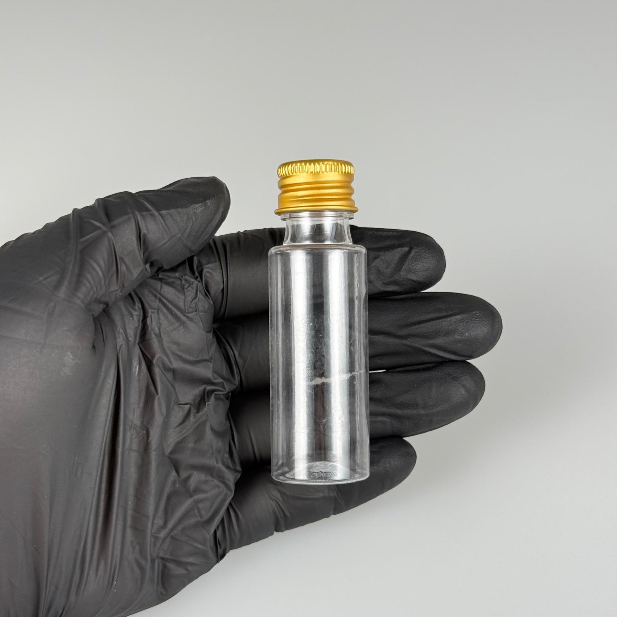 20 CC ŞEFFAF PET ŞİŞE + KÖPÜK CONTALI GOLD MÜŞ ALÜMİNYUM METAL KAPAKLI + DAMLALIKLI KOLOMNYA TIPALI TAKIM - 20 ML PLASTİK ŞİŞE