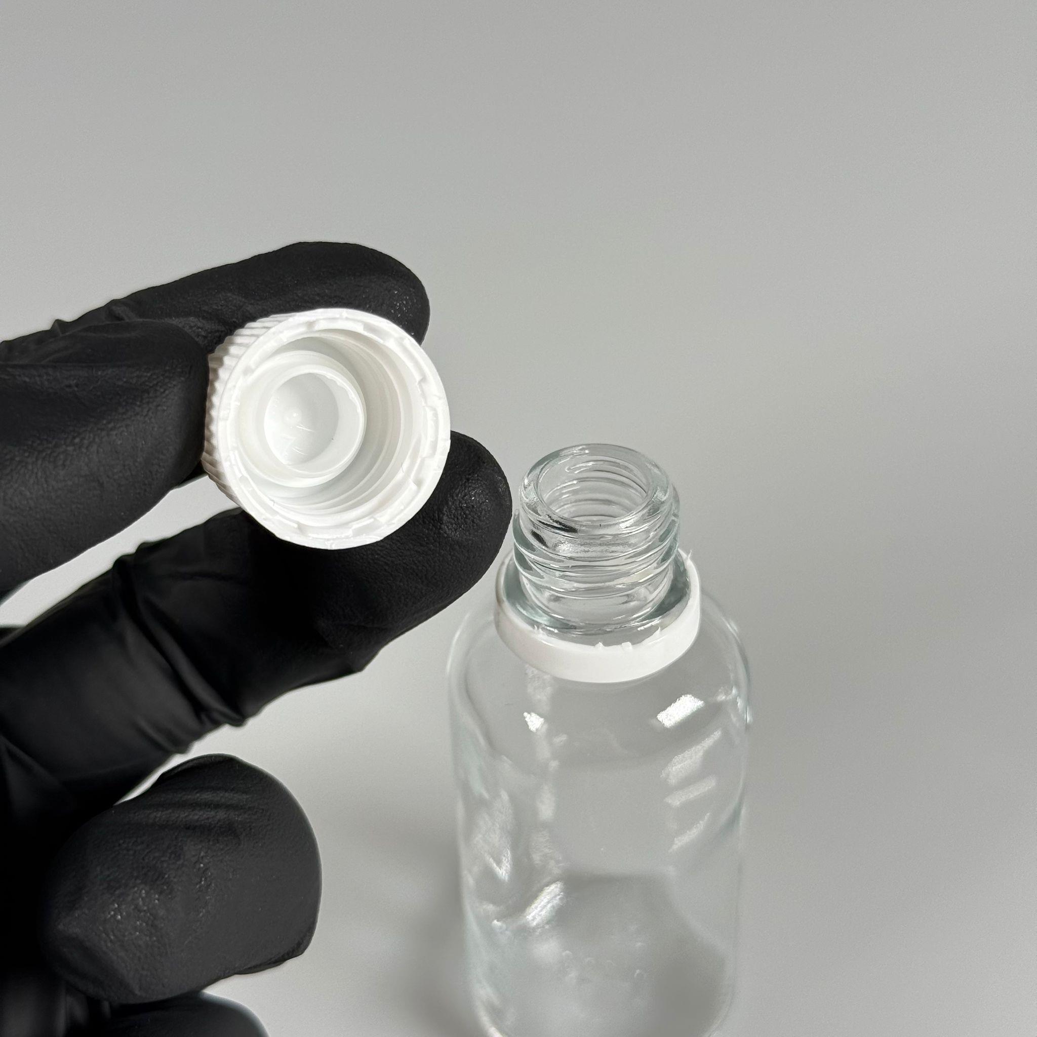 30 CC CAM ŞEFFAF KİLİTLİ, KENDİNDEN CONTALI BEYAZ KAPAKLI - 30 ML DAR AĞIZLI İLAÇ ŞİŞESİ