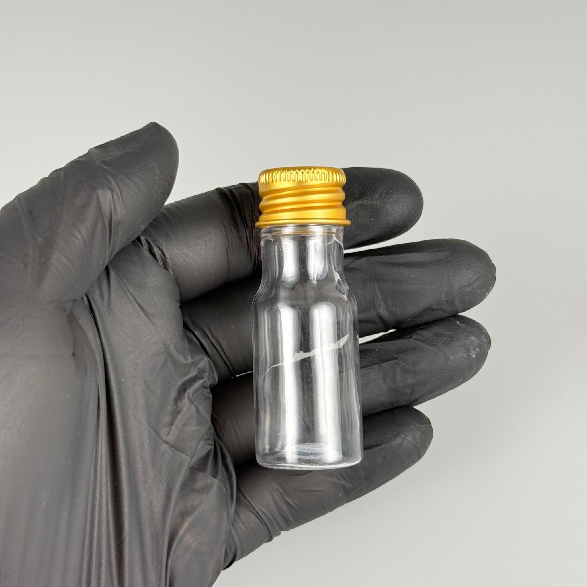 10 CC ŞEFFAF PET ŞİŞE + KÖPÜK CONTALI GOLD ALÜMİNYUM METAL KAPAKLI  TAKIM - 10 ML PLASTİK ŞİŞE (SİLME 15 CC)
