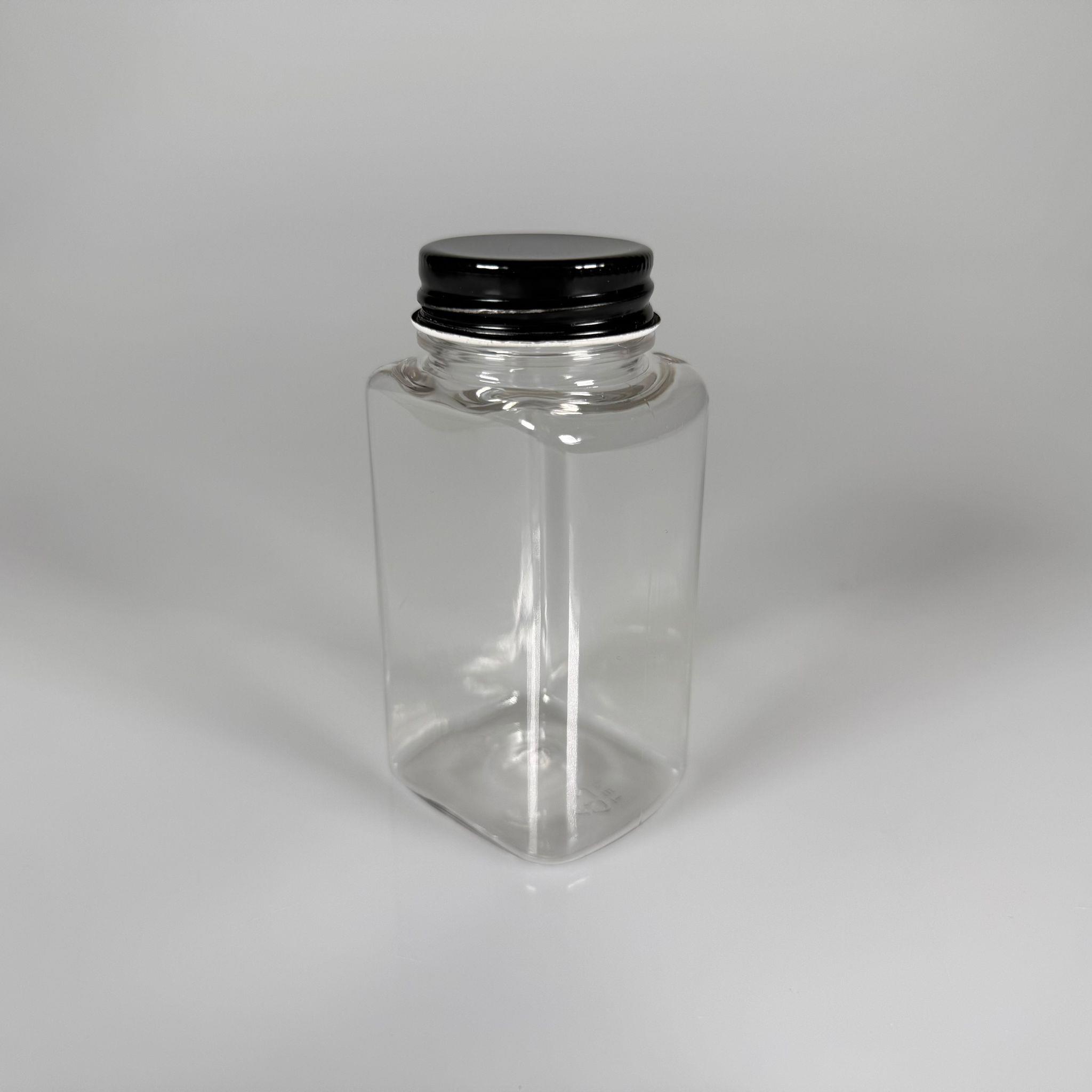 BAHARAT, TOZ, KAHVE, SAHLEP VB MUTFAK DÜZENLEME İÇİN KARE PLASTİK MİNİ KAVANOZLAR - 150 ML -  RAF DÜZENLEYİCİ GIDAYA UYGUN KÖŞELİ SİYAH METAL KAPAKLI PET KAVANOZLARI