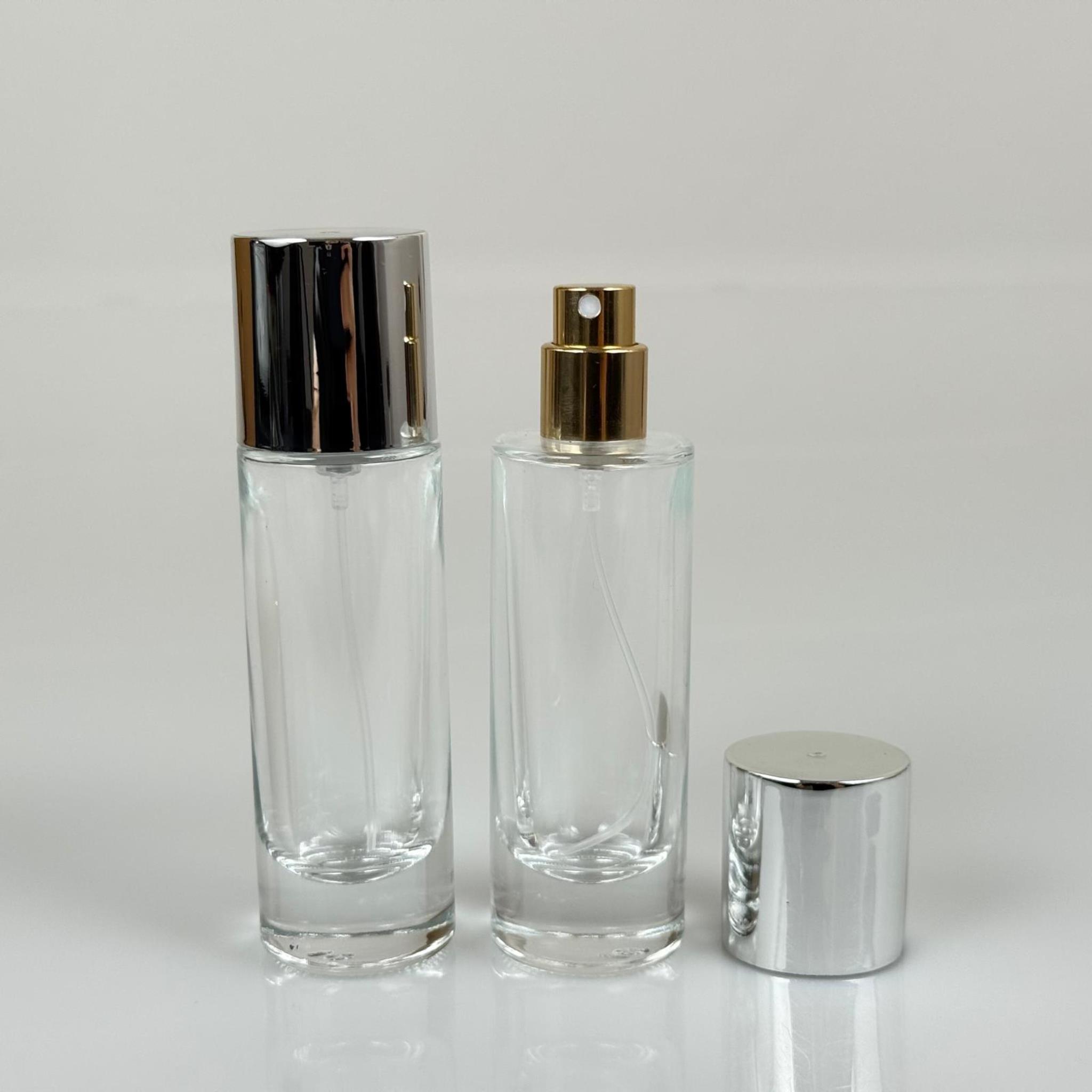 30 ML SİLİNDİR UZUN MODEL PARFÜM ŞİŞESİ - GOLD METAL SPREYLİ + GÜMÜŞ GENİŞ KAPAKLI (AĞIZ 15 MM GEÇME KOLAY KAPAMA)