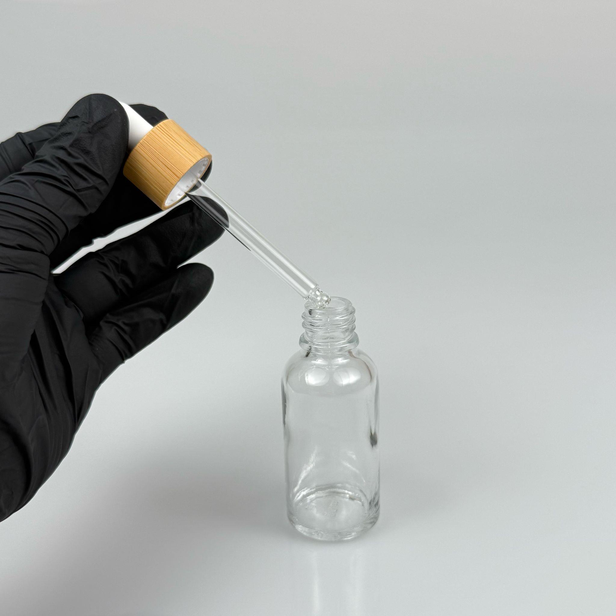 30 CC ŞEFFAF CAM DAMLALIKLI ŞİŞE - BEYAZ EMZİK - BAMBU AHŞAP KAPAK - 30 ML BAMBU KAPAKLI CAM DAMLALIKLI ŞİŞE