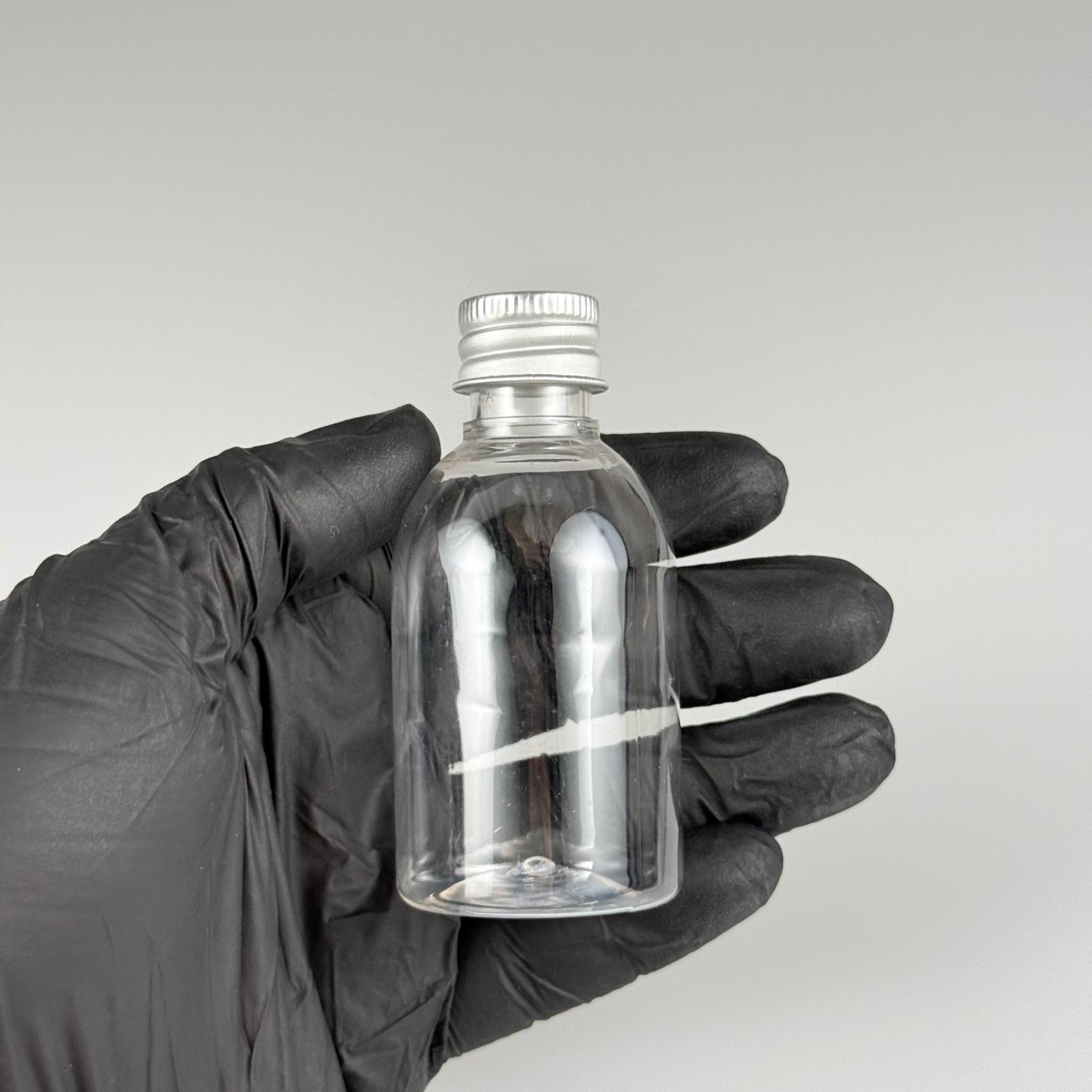 50  CC BUKLET PET ŞİŞE + KÖPÜK CONTALI GÜMÜŞ ALÜMİNYUM METAL KAPAKLI TAKIM - 50 ML PLASTİK ŞİŞE