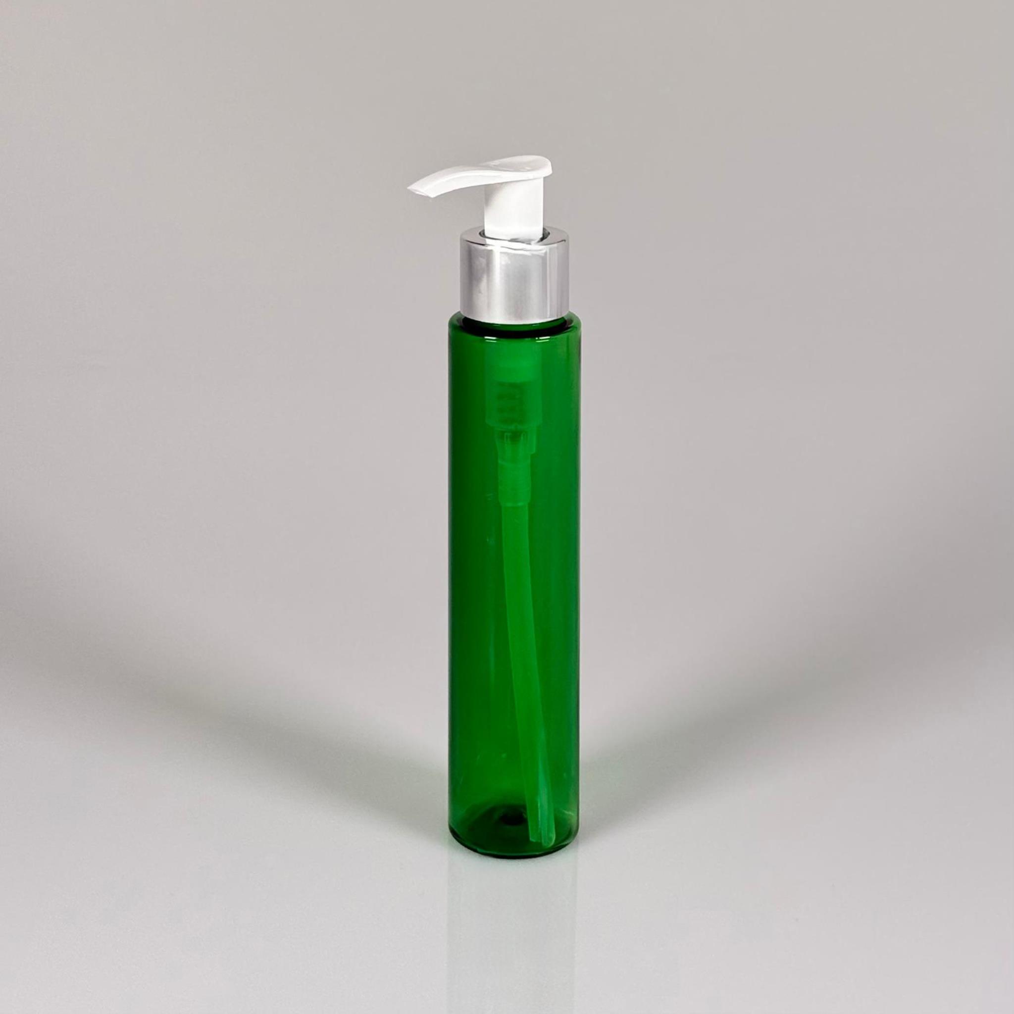 100 CC UZUN SİLİNDİR YEŞİL PET ŞİŞE (24 GR)  - GÜMÜŞ SABUN POMPALI - 100 ML BİBERİYE SUYU, LAVANTA YAĞI, SAÇ SERUM, TONİK VB İÇİN PLASTİK KOZMETİK AMBALAJLARI