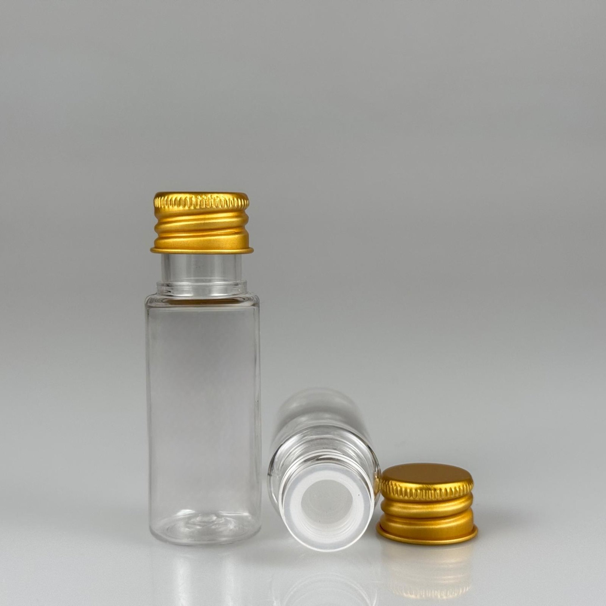 15 CC SİLİNDİR PET ŞİŞE + KÖPÜK CONTALI GOLD ALÜMİNYUM METAL KAPAKLI + KÖR TIPALI TAKIML - 15 ML ŞEFFAF PET ŞİŞE