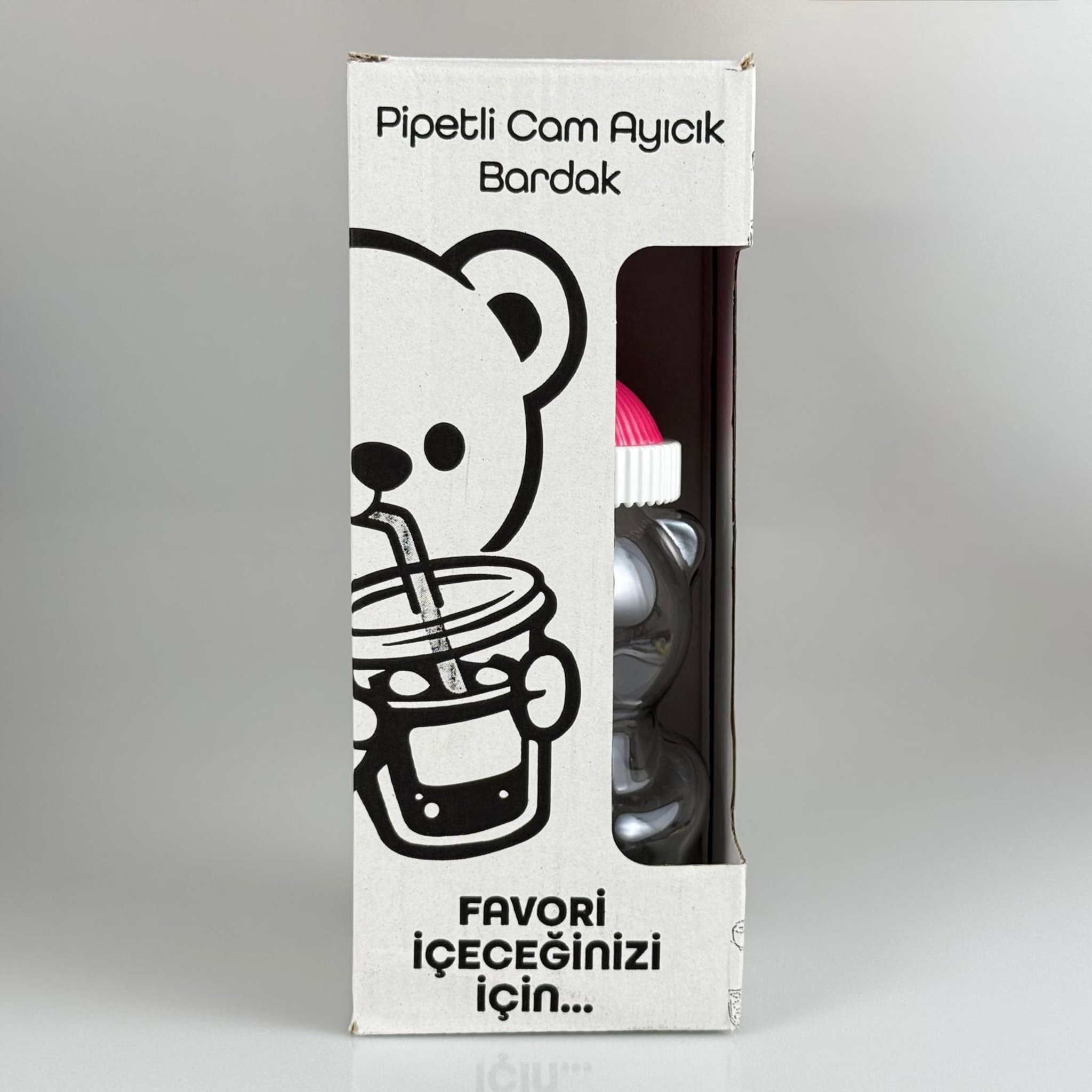 500 CC PİPETLİ CAM AYICIK BARDAK - PEMBE KAPAKLI - 500 ML AYICIK FİGÜRLÜ PİPETLİ CAM SU , SOĞUK KAHVE ,  MEYVE SUYU VE MEŞRUBAT VB - HEDİYELİK BARDAK