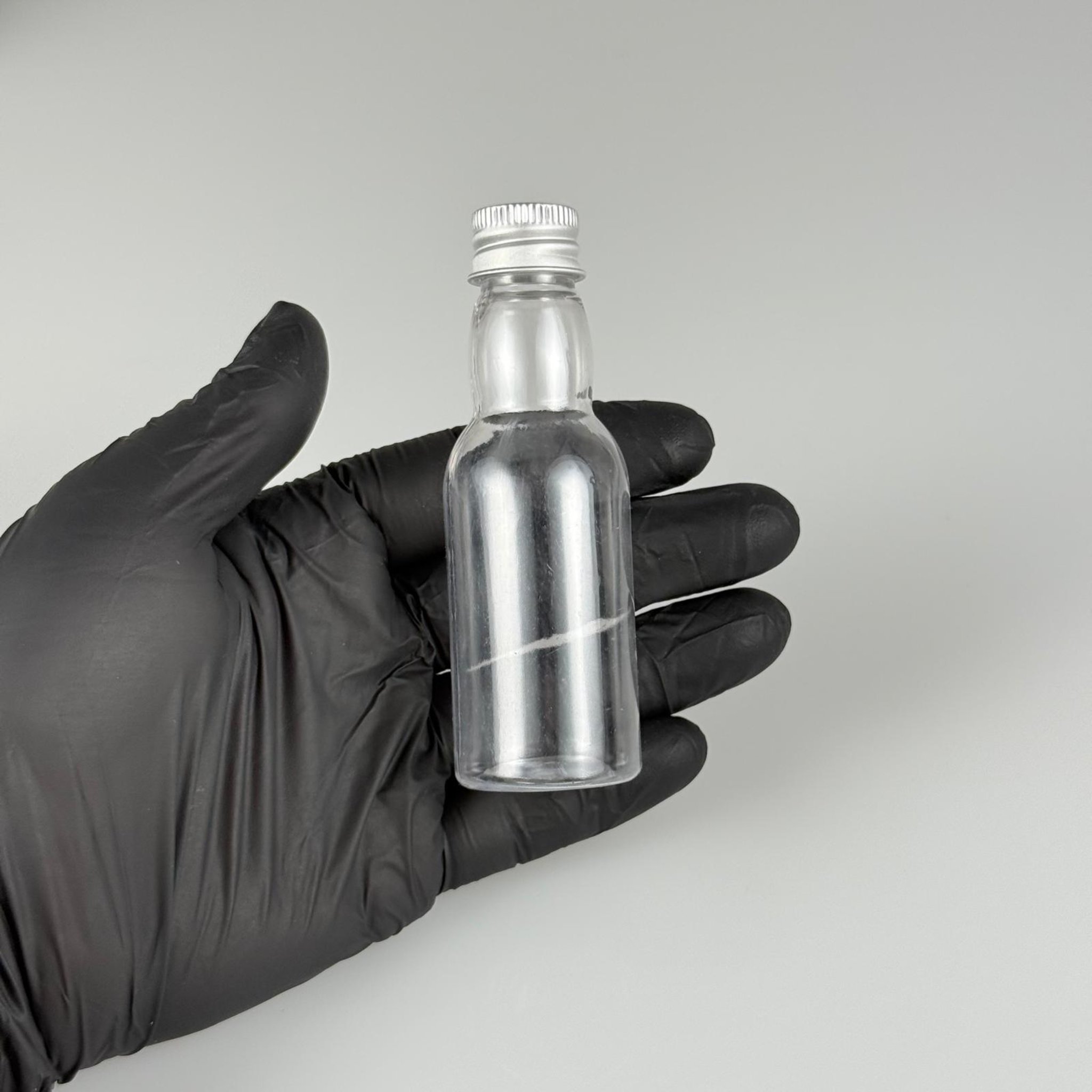 40 CC ŞEFFAF UZUN BOĞAZLI PET ŞİŞE + KÖPÜK CONTALI GÜMÜŞ ALÜMİNYUM METAL KAPAKLI TAKIM - 40 ML BOĞAZLI PET ŞİŞE