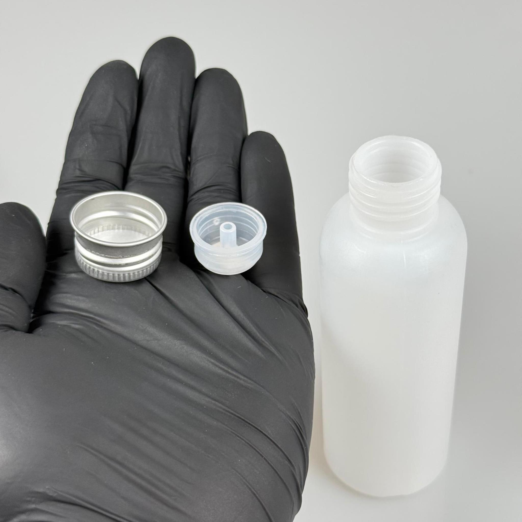100 CC NATÜREL SERT POLİETİLEN ŞİŞE + GÜMÜŞ METAL KAPAKLI ( 24 MM ) + PLASTİK TIPALI - 100 ML SERT POLİETİLEN ASETON ŞİŞESİ