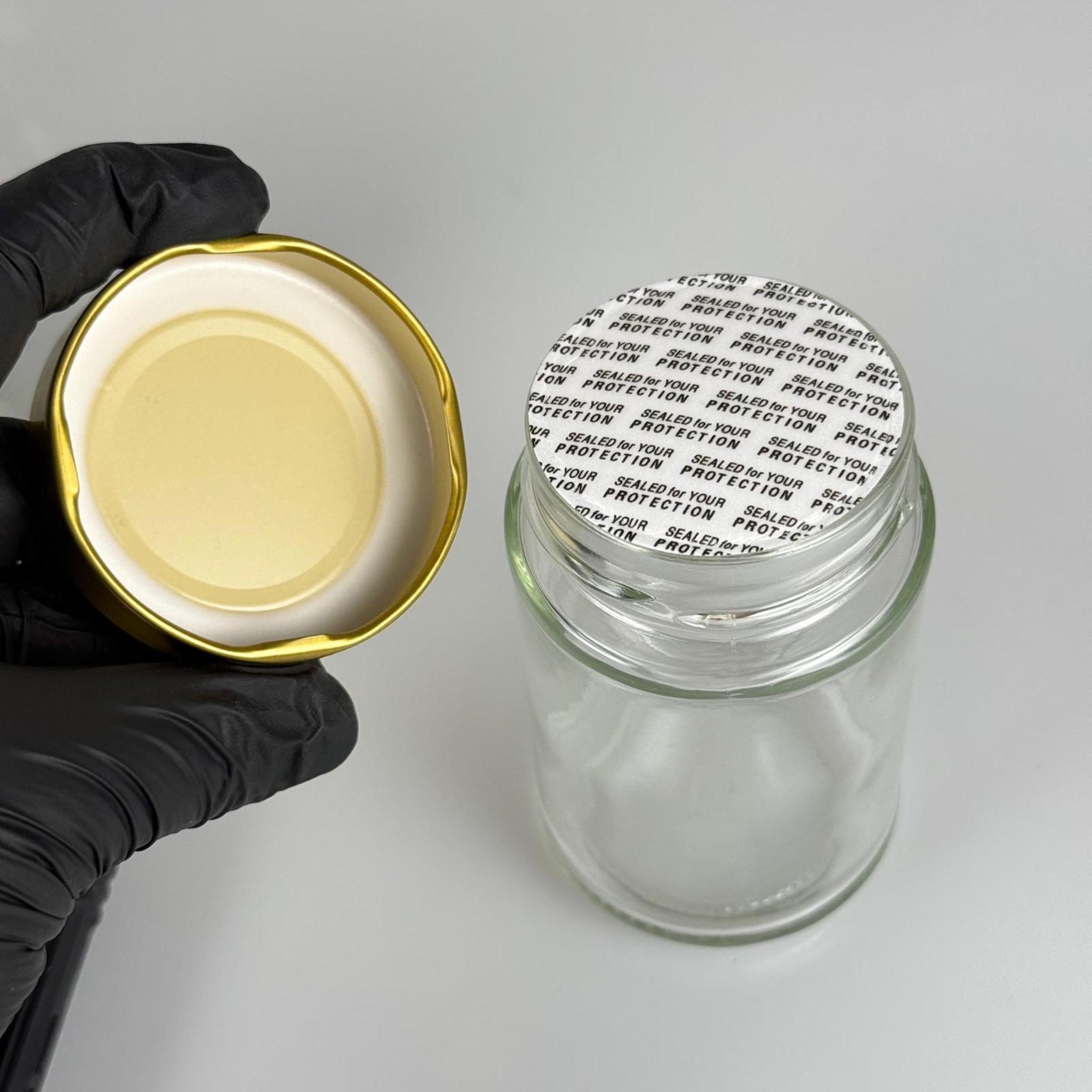 220 CC ALMAN ERGO KAVANOZ - GOLD METAL KAPAKLI + KENDİNDEN YAPIŞKANLI CONTALI - 220 ML DERİN KAPAKLI VASO PESTI BARİLLA CAM KAVANOZ