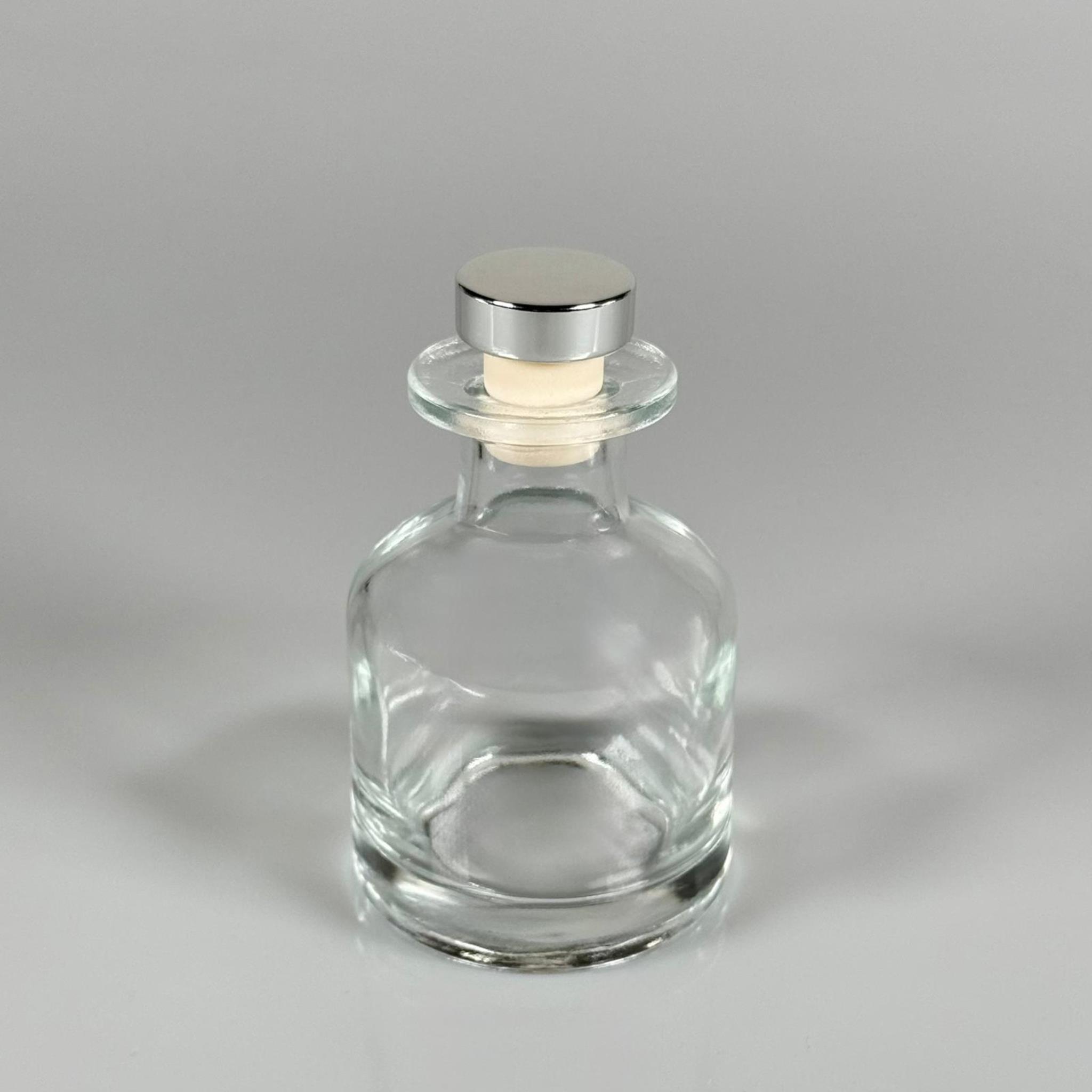 150 CC ŞEFFAF SİLİNDİR BAMBU CAM ESANS ŞİŞESİ - 150 ML KOKU, ESANS, PARFÜMERİ ŞİŞESİ - GÜMÜŞ MANTAR TIPALI TAKIM