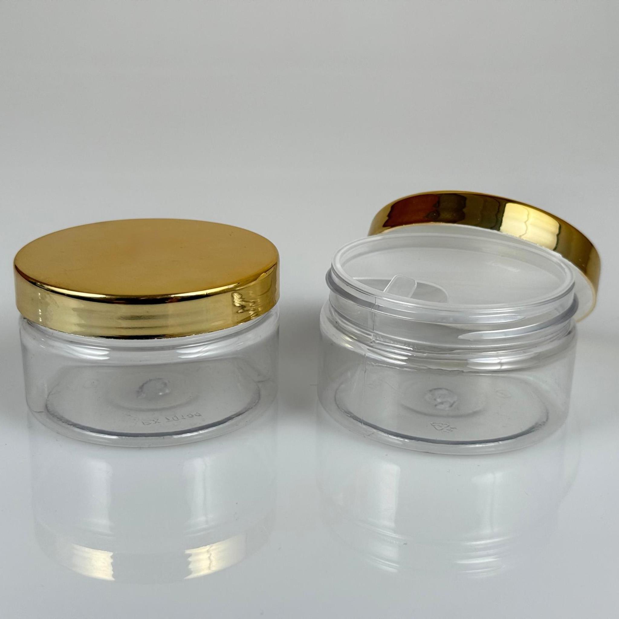 100 ML SERT PET KAVANOZ + GOLD KAPLAMALI PLASTİK KAPAK + İÇ TIPA - 100 CC KALIN ŞEFFAF PLASTİK KAVANOZ GOLD KAPLAMALI PLASTİK KAPAKLI İÇ TIPALI TAKIM - KREM KAVANOZLARI