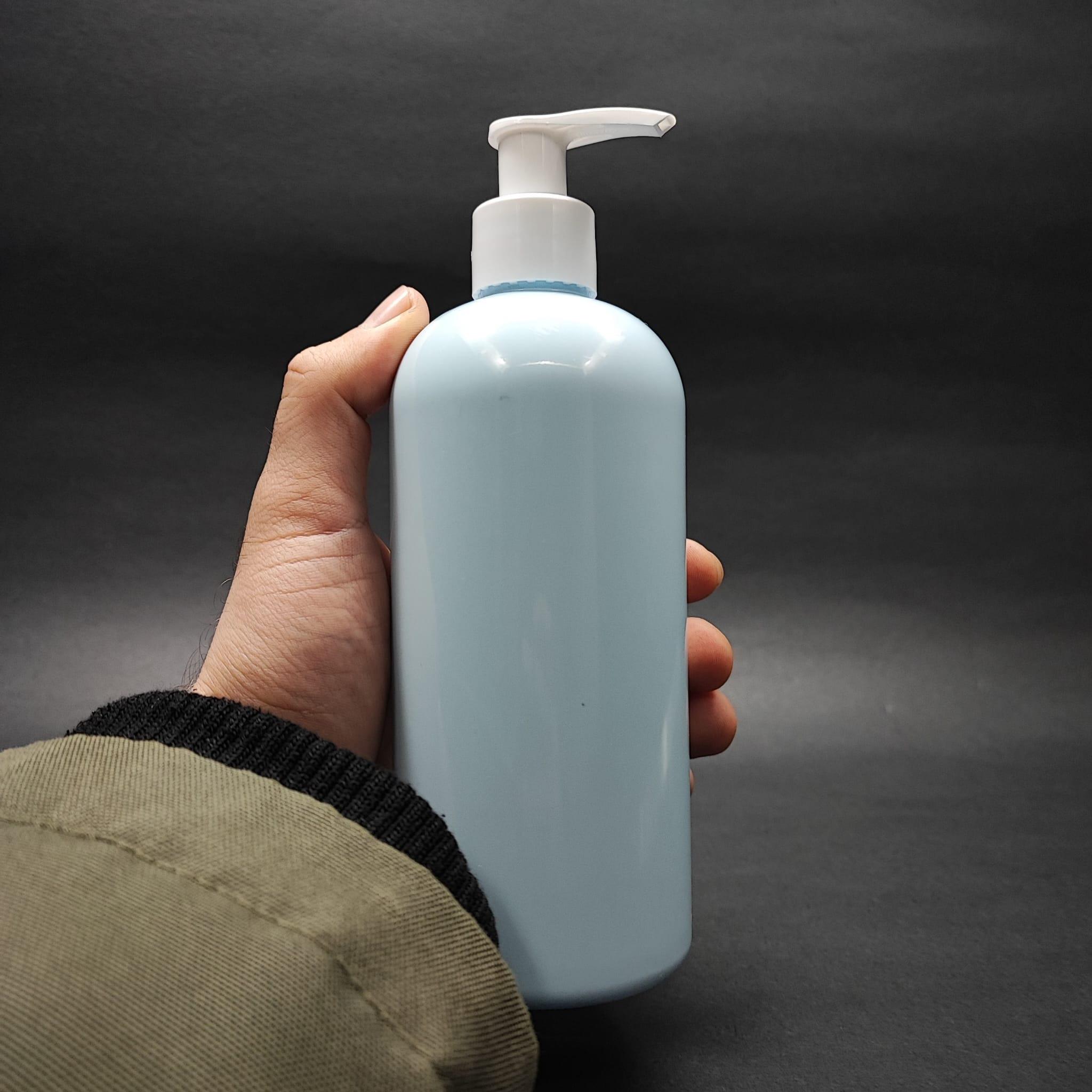 400 CC OVAL BOYUNLU SİLİNDİR PET ŞİŞE (30 GR) - BEYAZ POMPALI - 400 ML PLASTİK ŞİŞE - BEBEK MAVİSİ