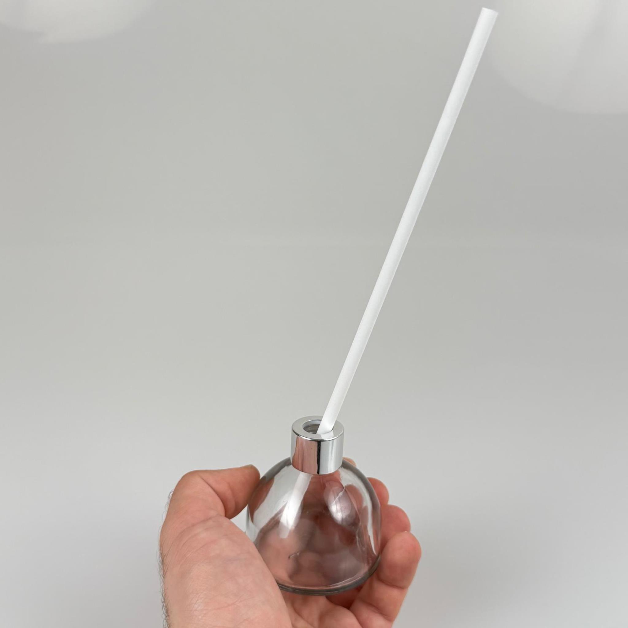 KUBBE MODEL CAM BAMBU ODA KOKUSU ŞİŞESİ + METAL GÜMÜŞ KAPAK + TIPA + KALIN BEYAZ FİBER BAMBU ÇUBUK - 50 ML SET TAKIM - HEDİYELİK PROMOSYON DİFFUSER ŞİŞELERİ