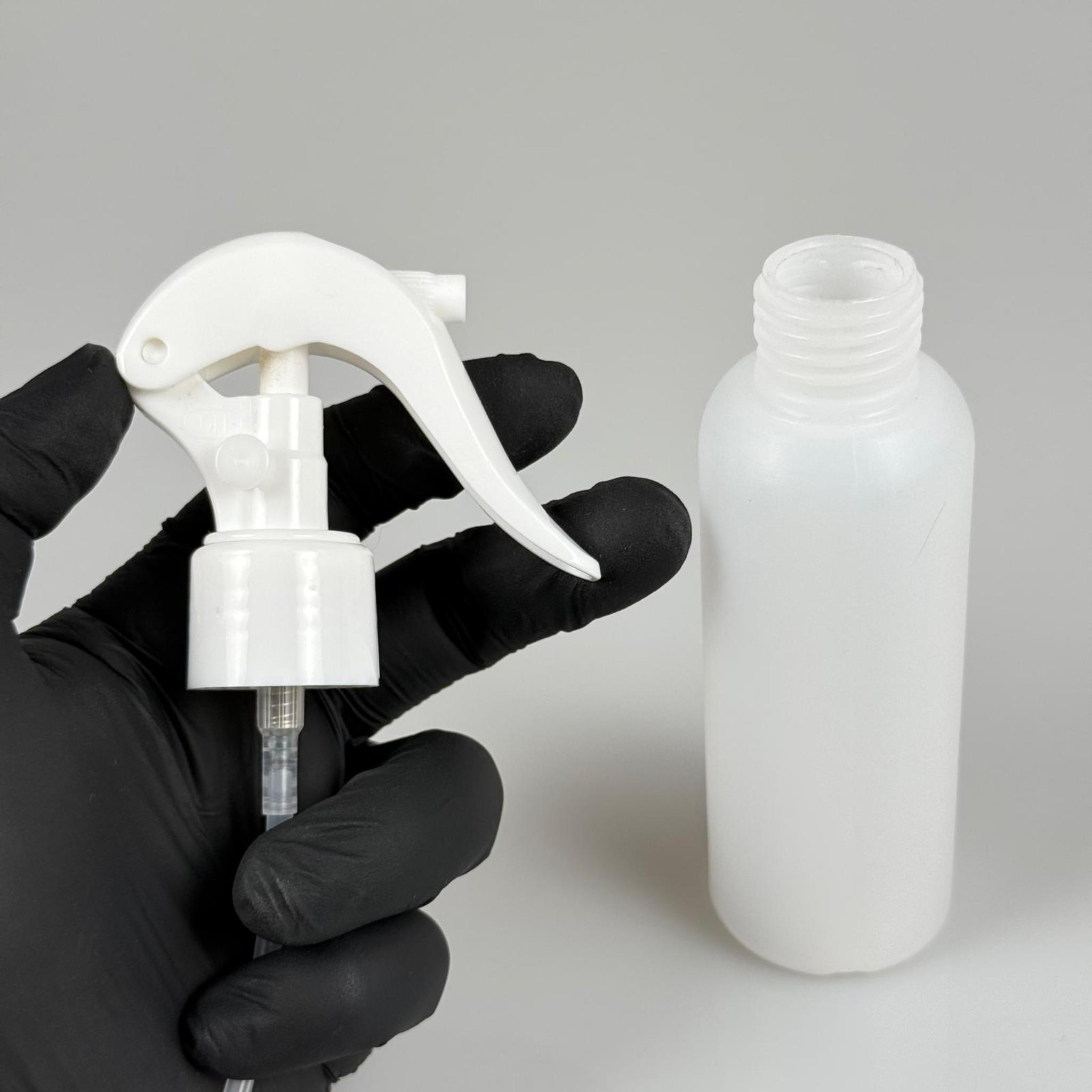 100 CC NATÜREL SERT POLİETİLEN ŞİŞE + BEYAZ TRİGER SPREYLİ ( 24 MM ) - 100 ML BEYAZ SPREYLİ SERT POLİETİLEN ŞİŞE