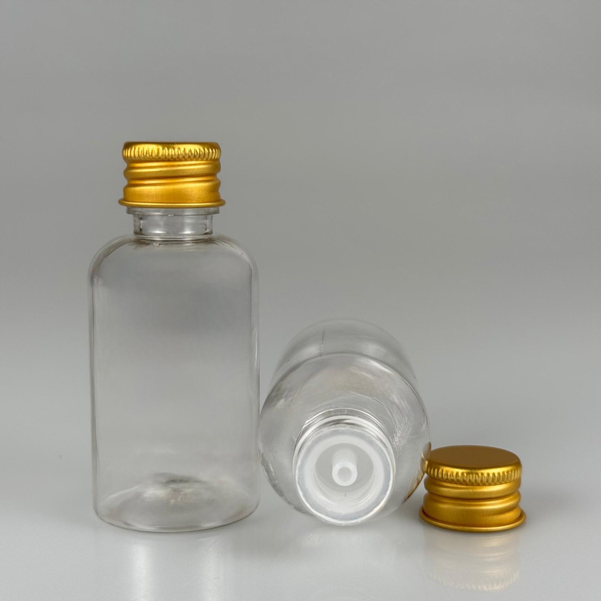 40 CC ŞEFFAF SİLİNDİR TOMBUL PET ŞİŞE + KÖPÜK CONTALI GOLD ALÜMİNYUM METAL KAPAKLI + DAMLALIKLI KOLONYA TIPALI TIPALI TAKIM - 40 ML PLASTİK ŞİŞE