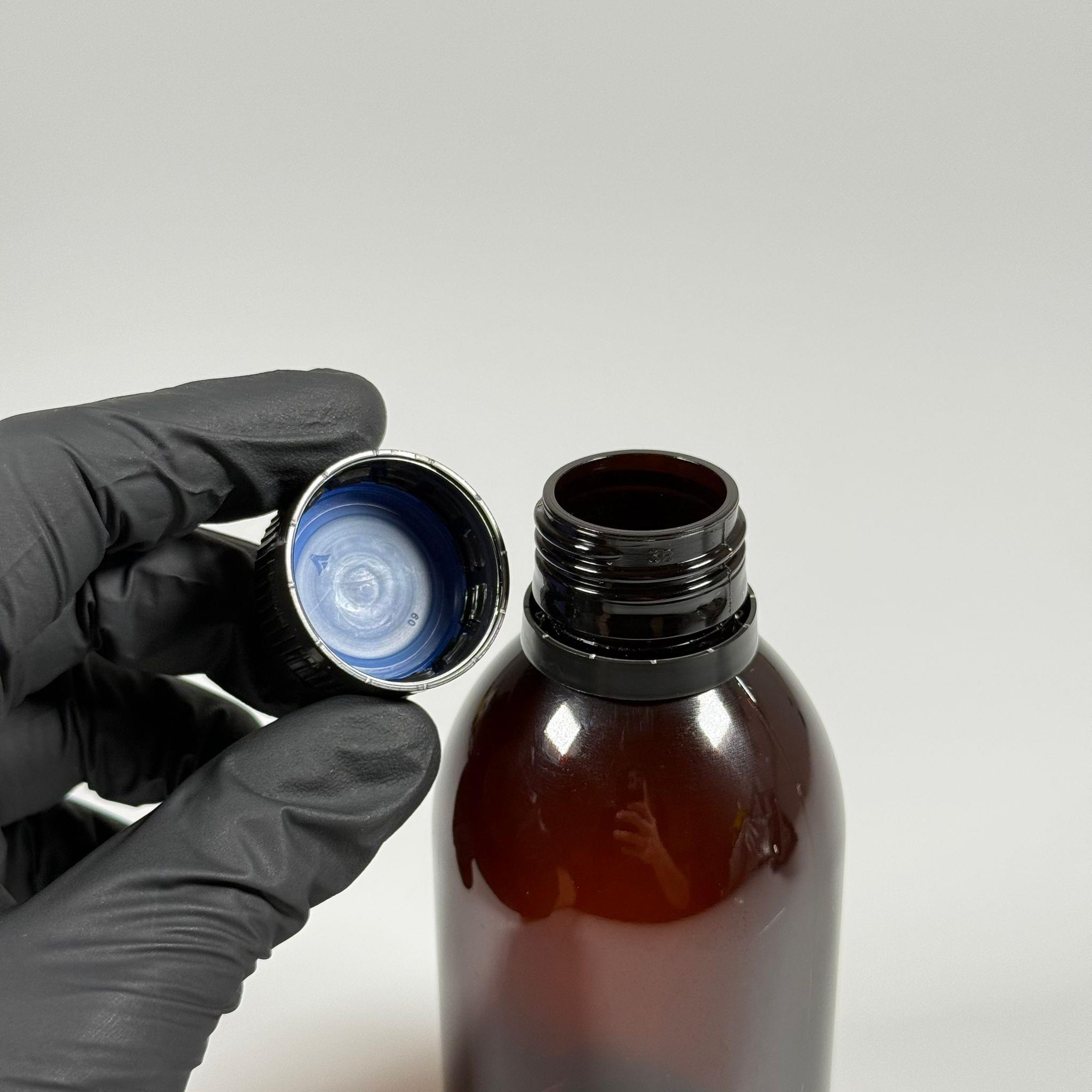 200 CC AMBER PET ECZA ŞİŞESİ - SİYAH KİLİTLİ CONTALI KAPAKLI  - 200 ML KAHVERENGİ PLASTİK ŞURUP ŞİŞESİ (21 GR)