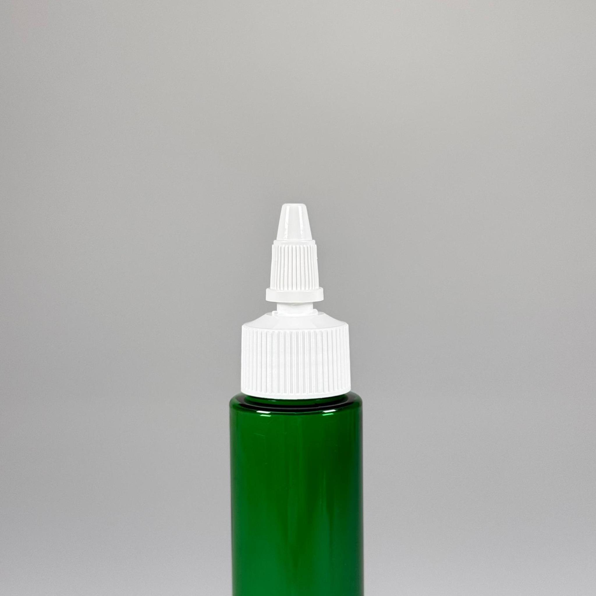100 CC UZUN SİLİNDİR YEŞİL PET ŞİŞE (24 GR) - BEYAZ TWİST SİVRİ ASANSÖR AKITICI KAPAKLI - 100 ML BİBERİYE SUYU, LAVANTA YAĞI, SAÇ SERUM, TONİK VB İÇİN PLASTİK KOZMETİK AMBALAJLARI