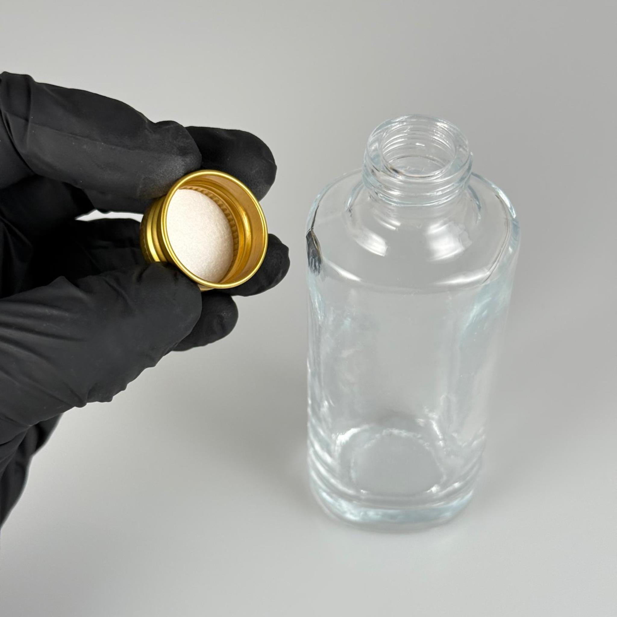 100 CC ŞEFFAF OVAL CAM ŞİŞE (24 AĞIZ) + KÖPÜK CONTALI GOLD METAL ALÜMİNYUM KAPAK - 100 ML OVAL CAM ŞİŞE