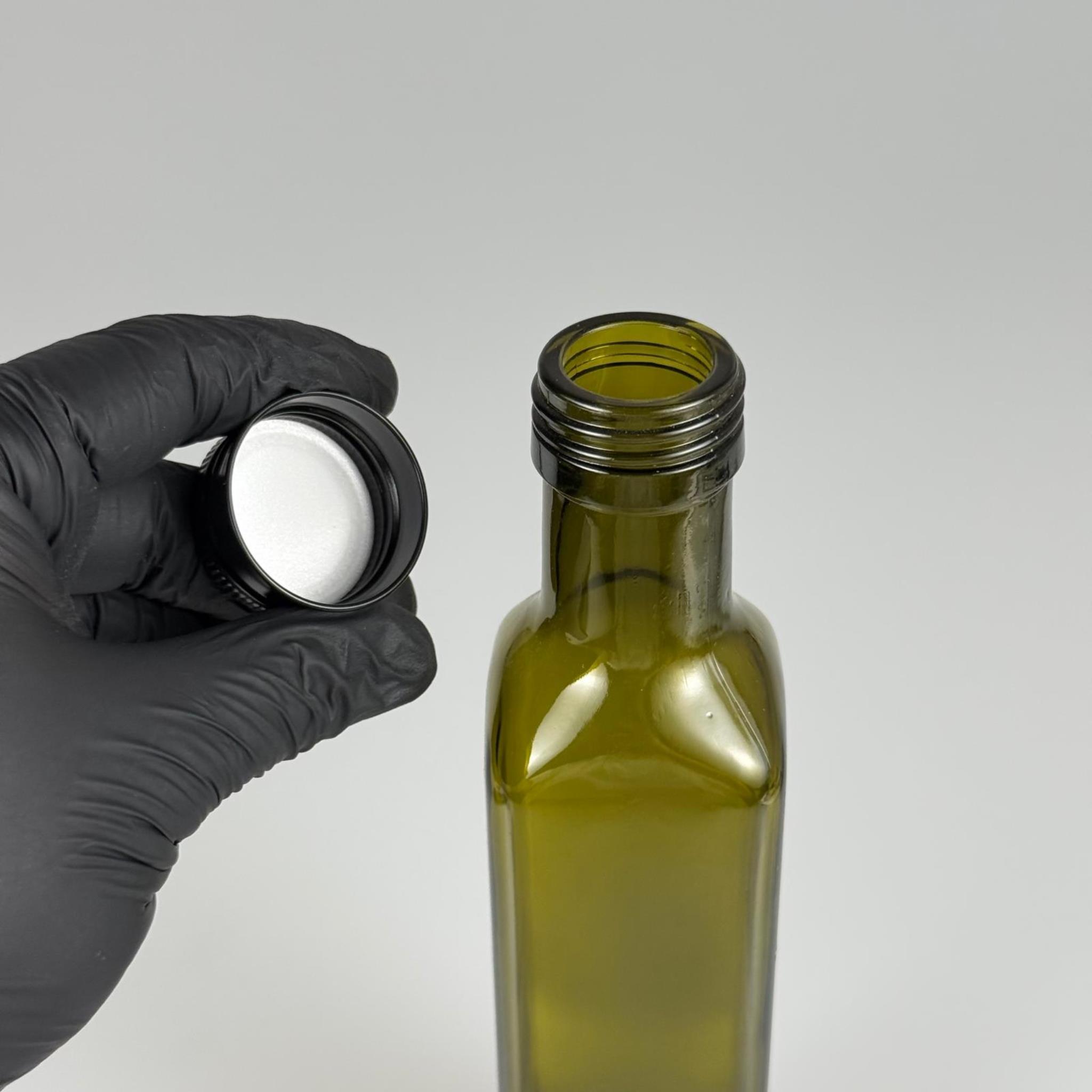 250 CC YEŞİL MARASKA CAM ŞİŞE - SİYAH METAL ALÜMİNYUM KAPAKLI - 250 ML KÖŞELİ YAĞ ŞİŞESİ - SİRKE ŞİŞESİ