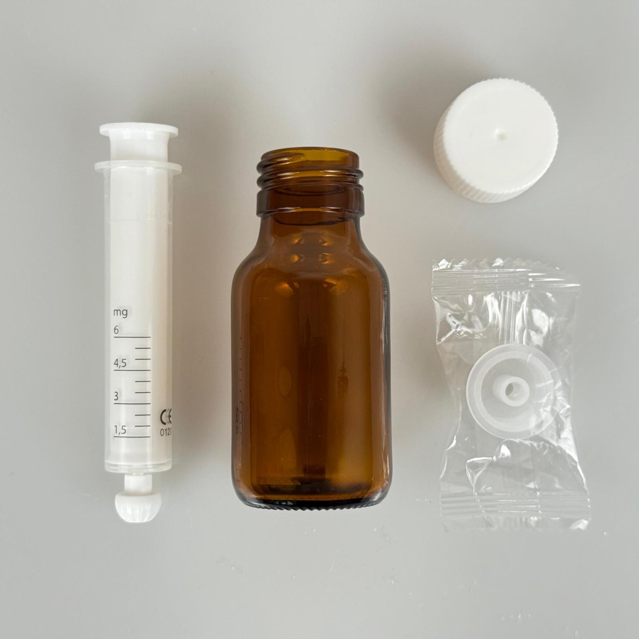 50 ML CAM ECZA ŞİŞESİ + 6 ML DOZAJ PİPETİ + DOZAJ TIPASI + CONTALI PLASTİK KAPAK TAKIM