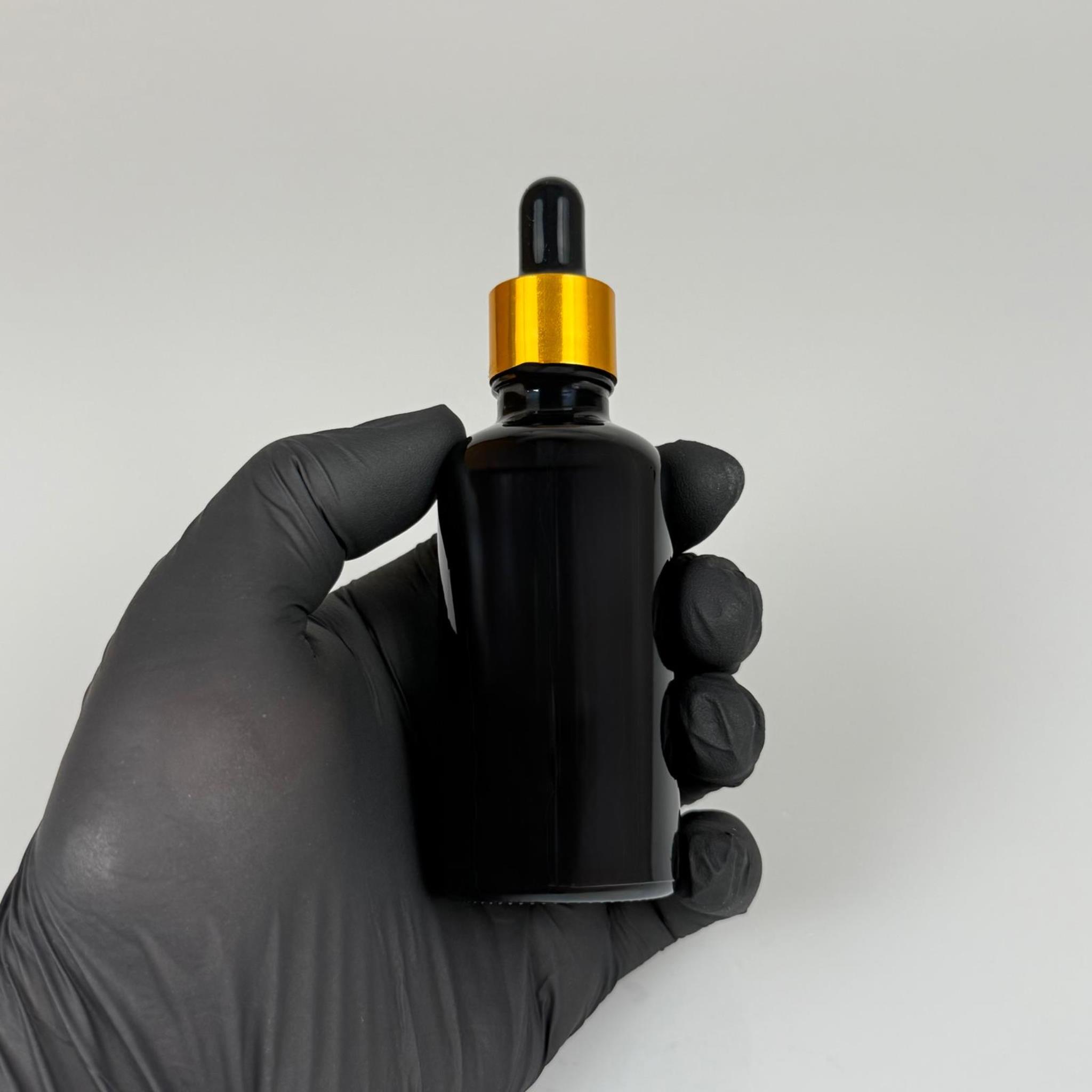 50 CC SİYAH CAM DAMLALIKLI ŞİŞE - SİYAH EMZİK - GOLD METALİK KAPAK - 50 ML SİYAH CAM DAMLALIKLI ŞİŞE - DAMLALIKLI BOŞ ŞİŞE