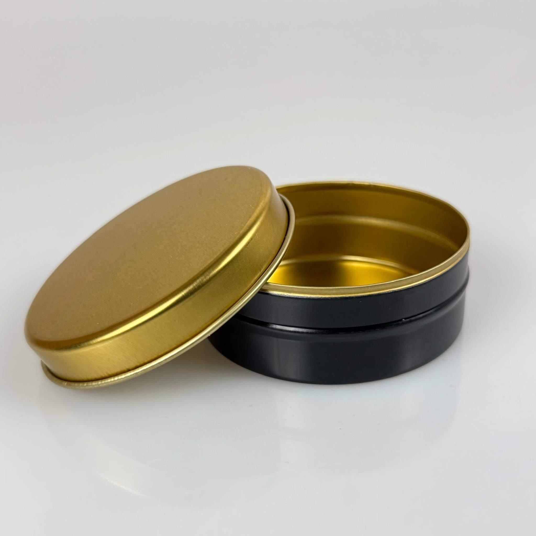 100 CC TENEKE KUTU - SİYAH - GOLD KAPAKLI - METAL AMBALAJ - MUM TENEKESİ 77 X 28 MM