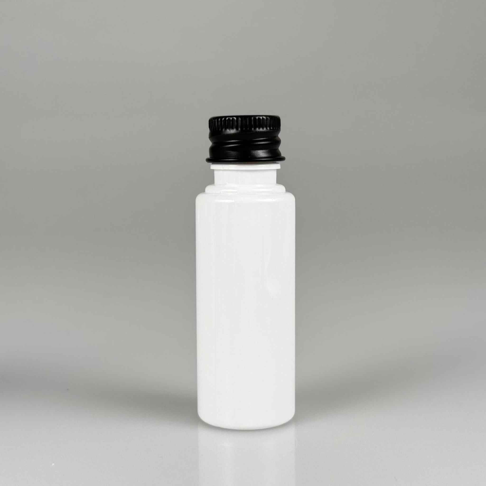 30 CC BEYAZ PET SHOT ŞİŞE - KÖPÜK CONTALI SİYAH ALÜMİNYUM METAL KAPAKLI TAKIM - 30 ML PLASTİK ŞİŞE
