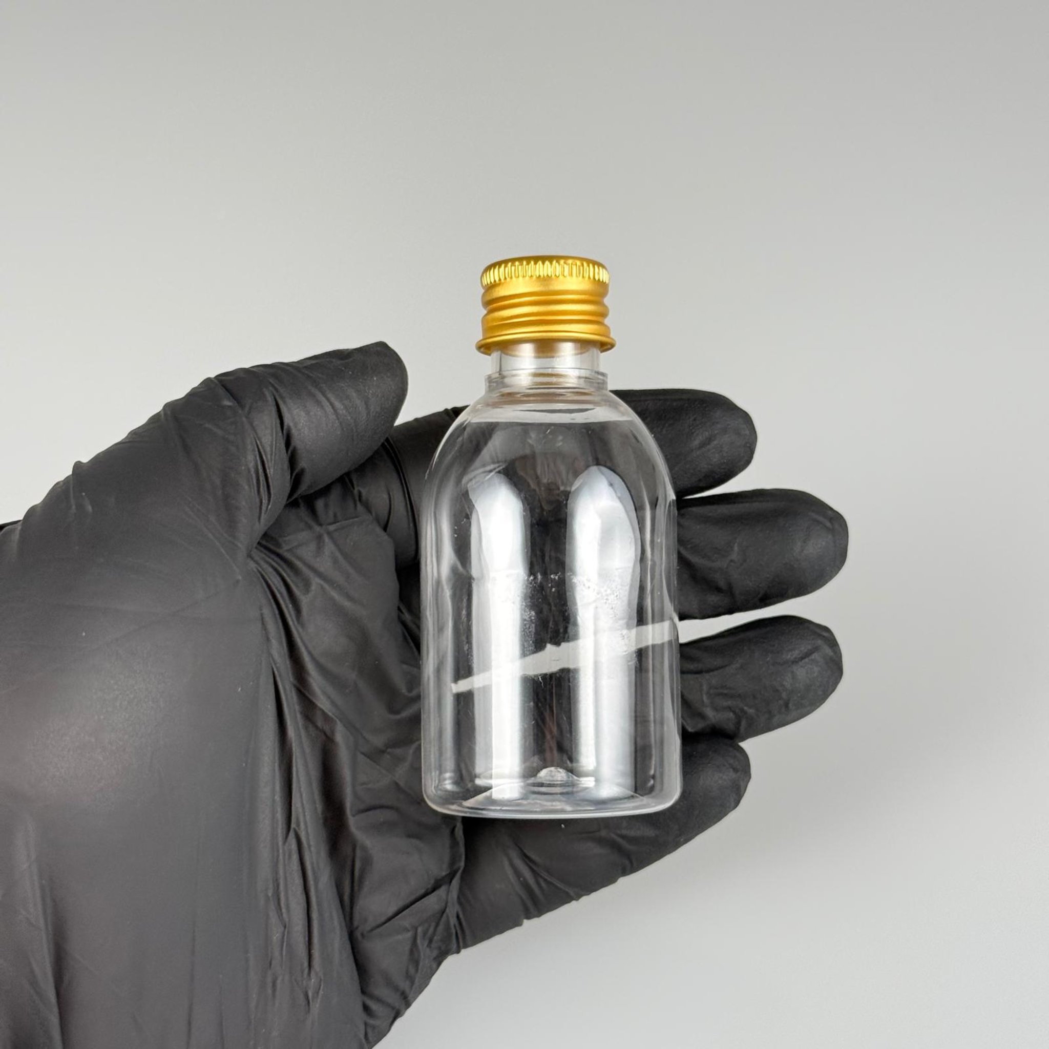 50  CC BUKLET PET ŞİŞE + KÖPÜK CONTALI GOLD ALÜMİNYUM METAL KAPAKLI TAKIM - 50 ML PLASTİK ŞİŞE