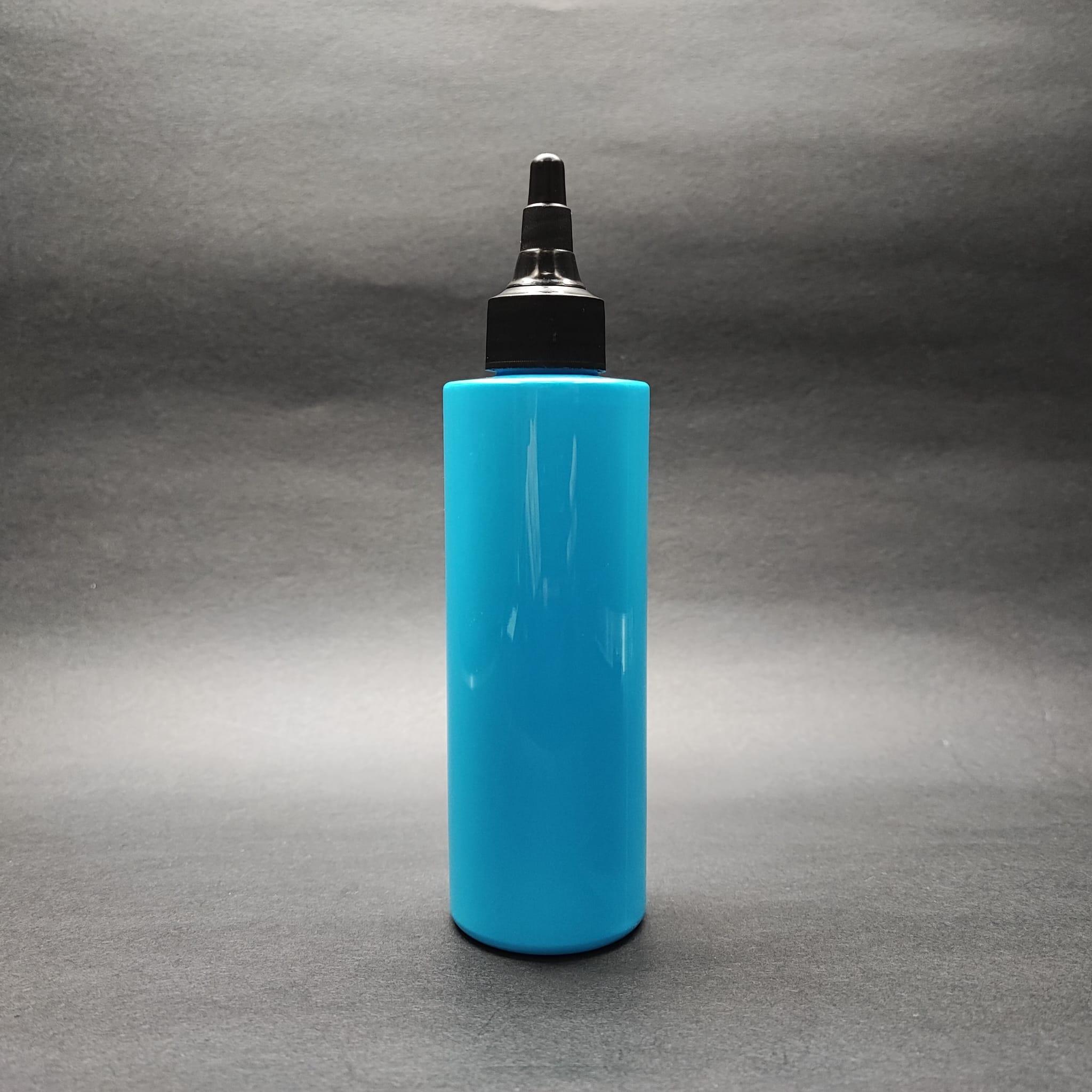 200 CC KÜT BOYUNLU UZUN SİLİNDİR PET ŞİŞE (24 GR) - AKITICI ASANSÖR SİYAH KAPAKLI - 200 ML PLASTİK ŞİŞE - MAVİ