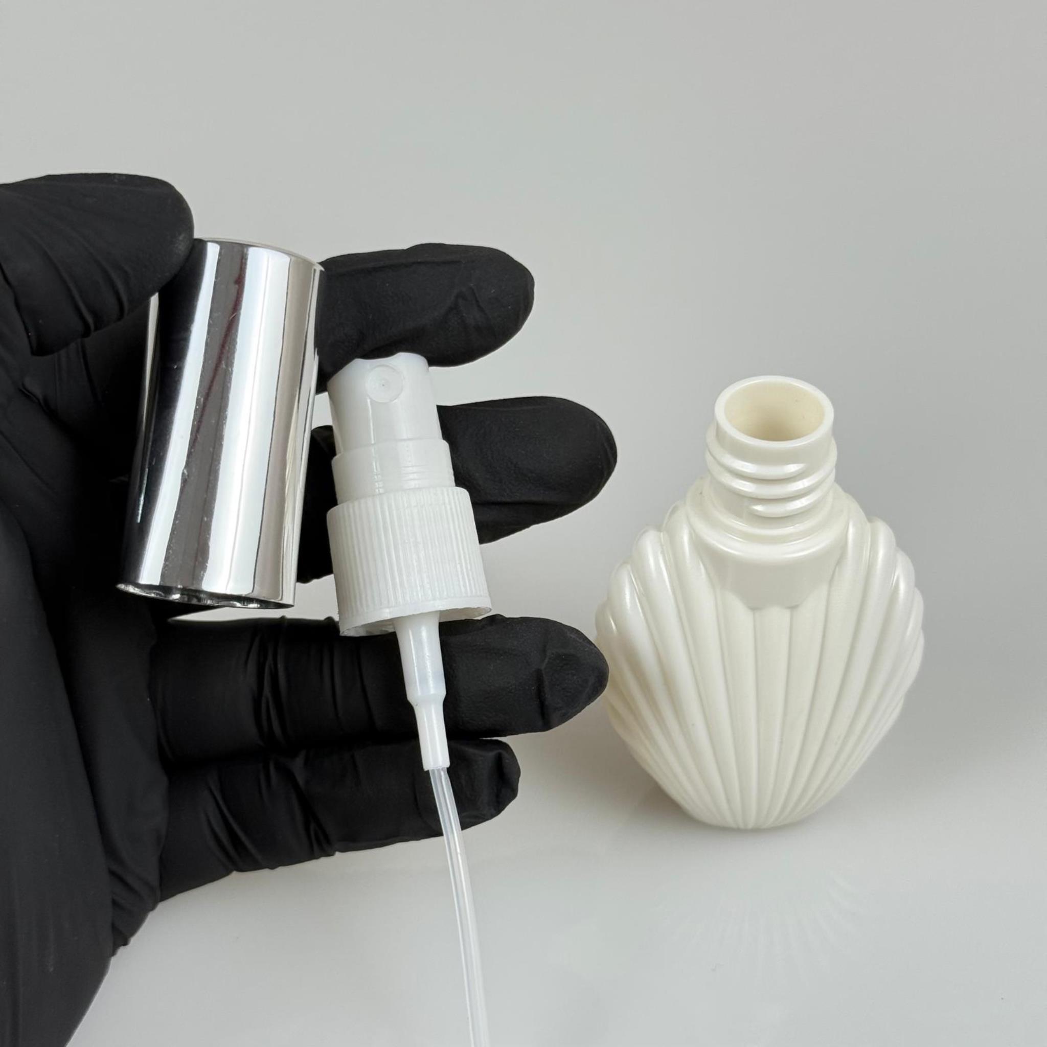 40 ML PET KOLONYA, PARFÜM VB ŞİŞELERİ - METAL ALÜMİNYUM GÜMÜŞ KAPAK + VİDALI SPREY + 40 CC İSTİRİDYE BEYAZ ŞİŞE SET TAKIM