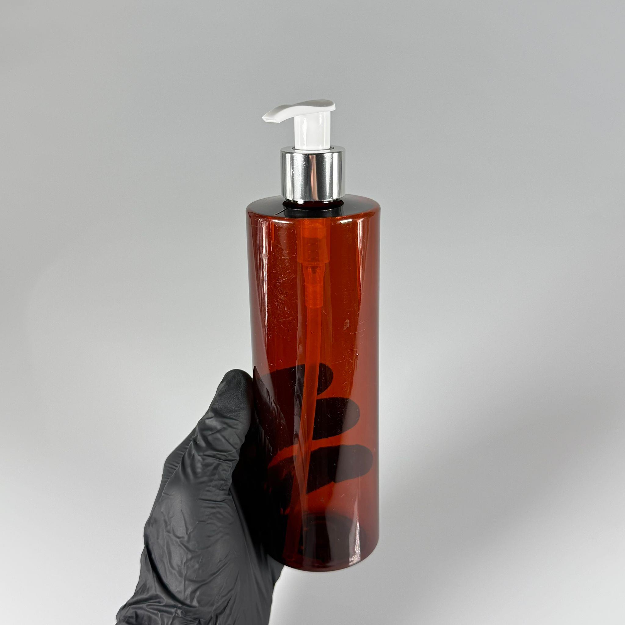 400 CC KÜT BOYUNLU SİLİNDİR PET ŞİŞE (30 GR) - GÜMÜŞ SIVI SABUN POMPALI - 400 ML PLASTİK ŞİŞE - AMBER