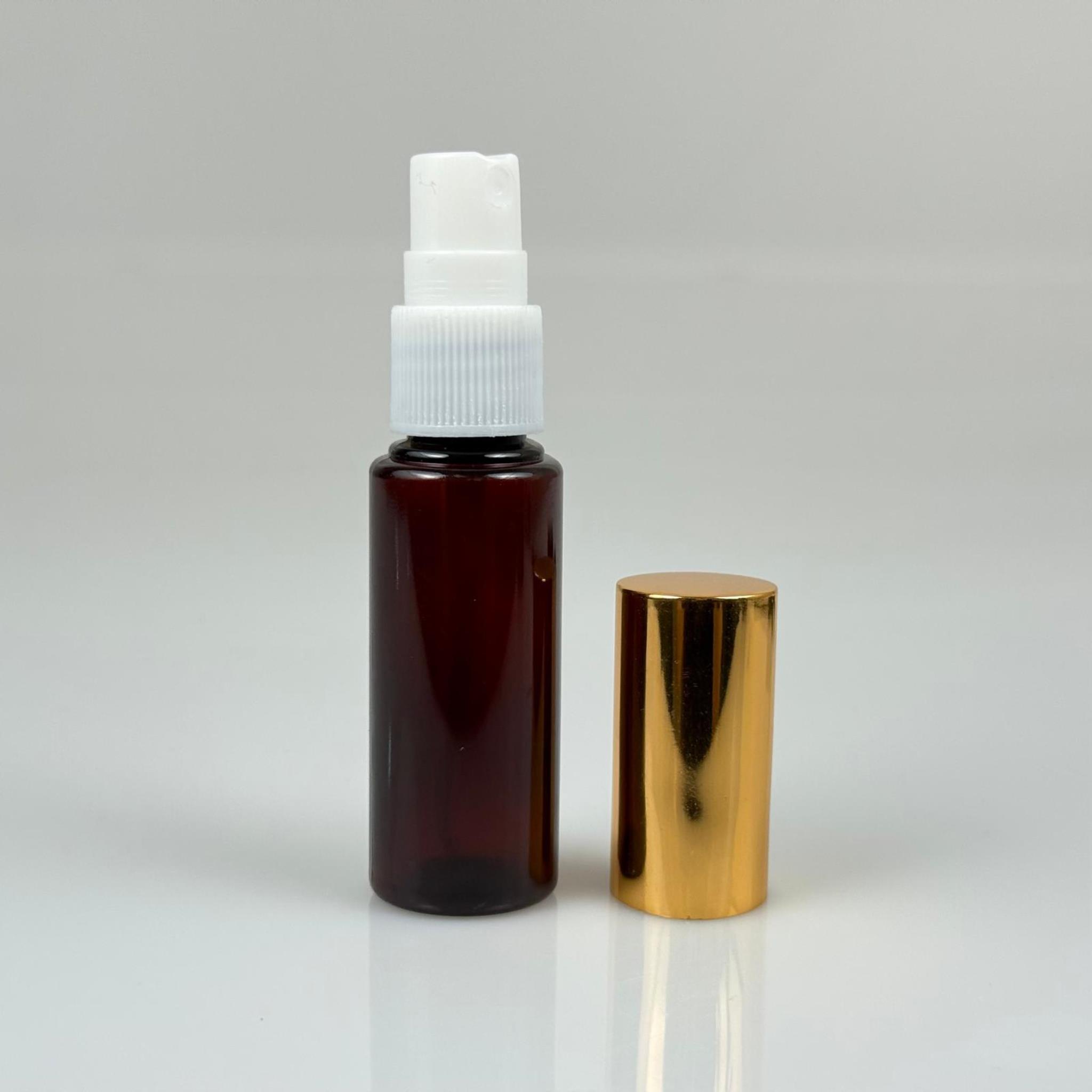 30 ML PET KOLONYA, PARFÜM VB ŞİŞELERİ - METAL ALÜMİNYUM GOLD KAPAK + VİDALI SPREY + 30 CC AMBER SHOT ŞİŞE SET TAKIM