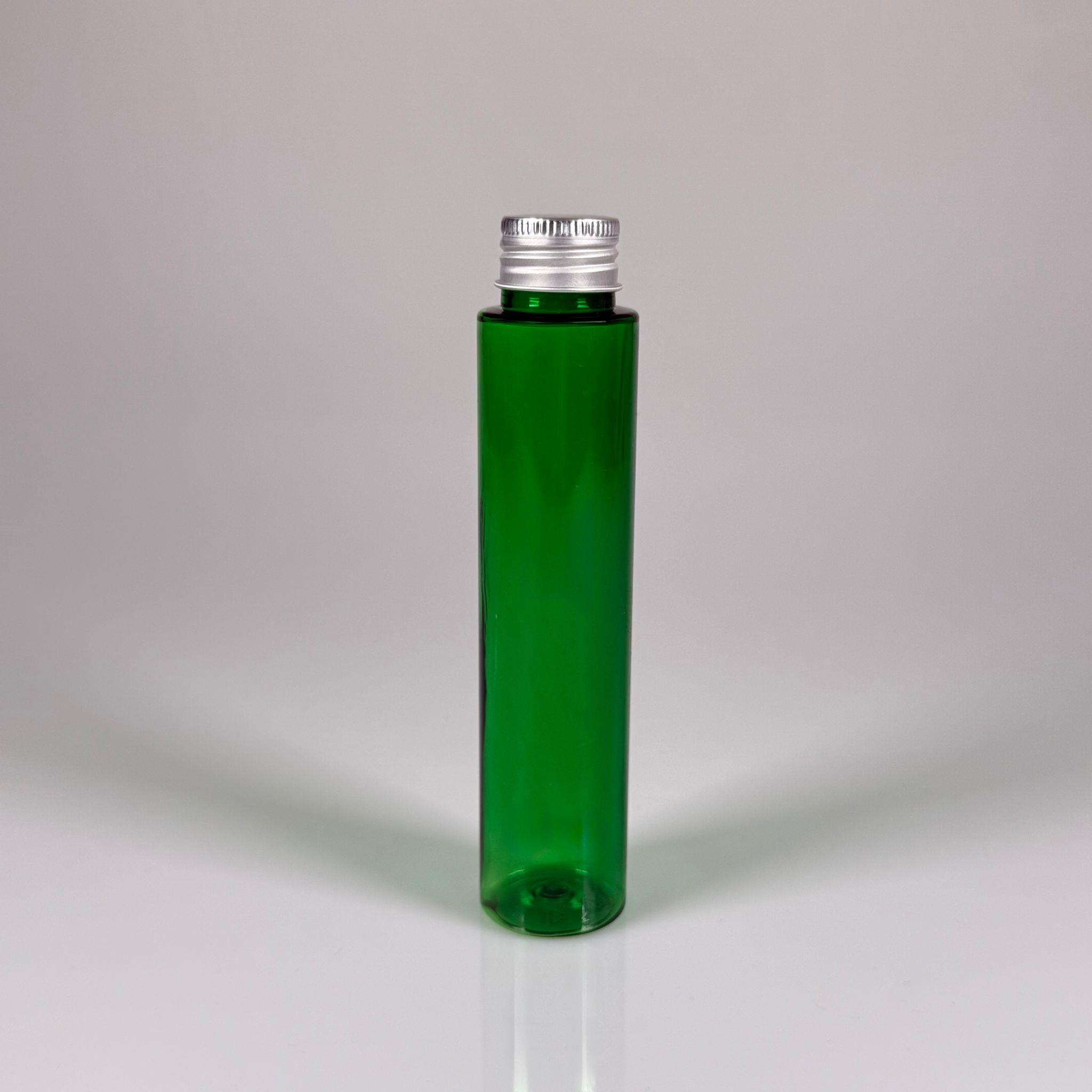 100 CC UZUN SİLİNDİR YEŞİL PET ŞİŞE (24 GR)  - CONTALI METAL GÜMÜŞ KAPAKLI - 100 ML BİBERİYE SUYU, LAVANTA YAĞI, SAÇ SERUM, TONİK VB İÇİN PLASTİK KOZMETİK AMBALAJLARI